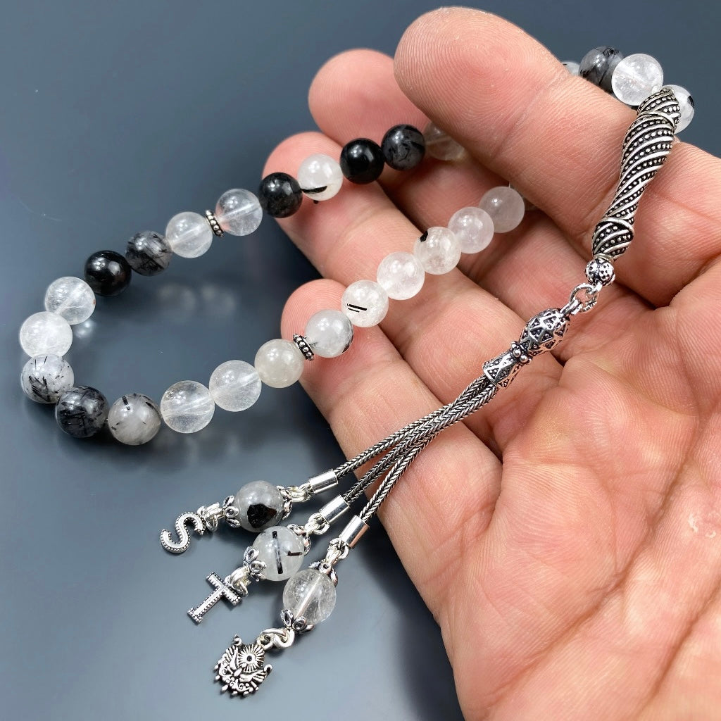 Tesbih Quarz 2 Buchstaben & Logo personalisiert 925 Silber