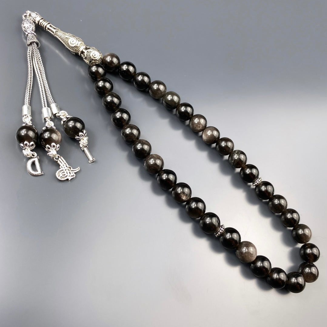 Tesbih Obsidian 2 Buchstaben & Logo personalisiert 925 Silber