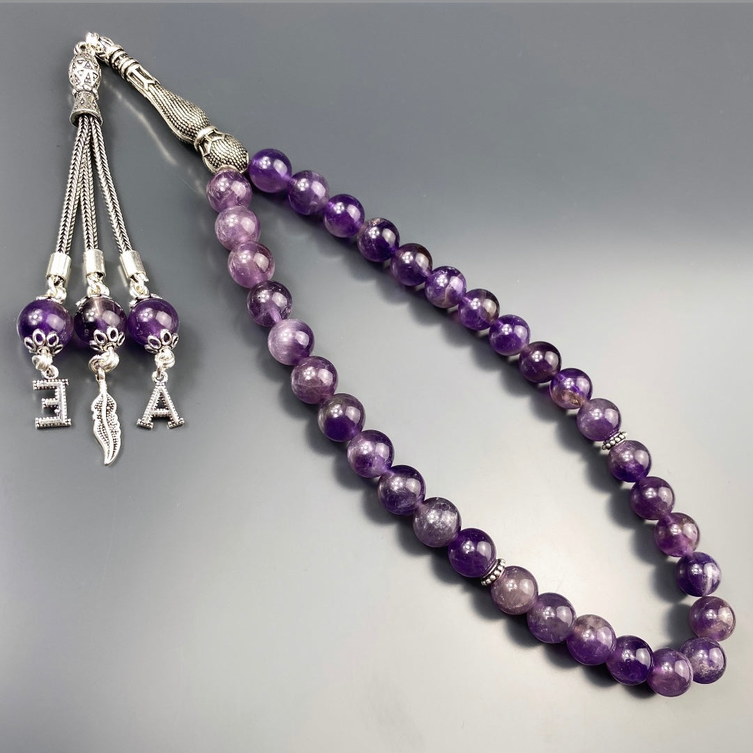 Tesbih Amethyst 2 Buchstaben & Logo personalisiert 925 Silber
