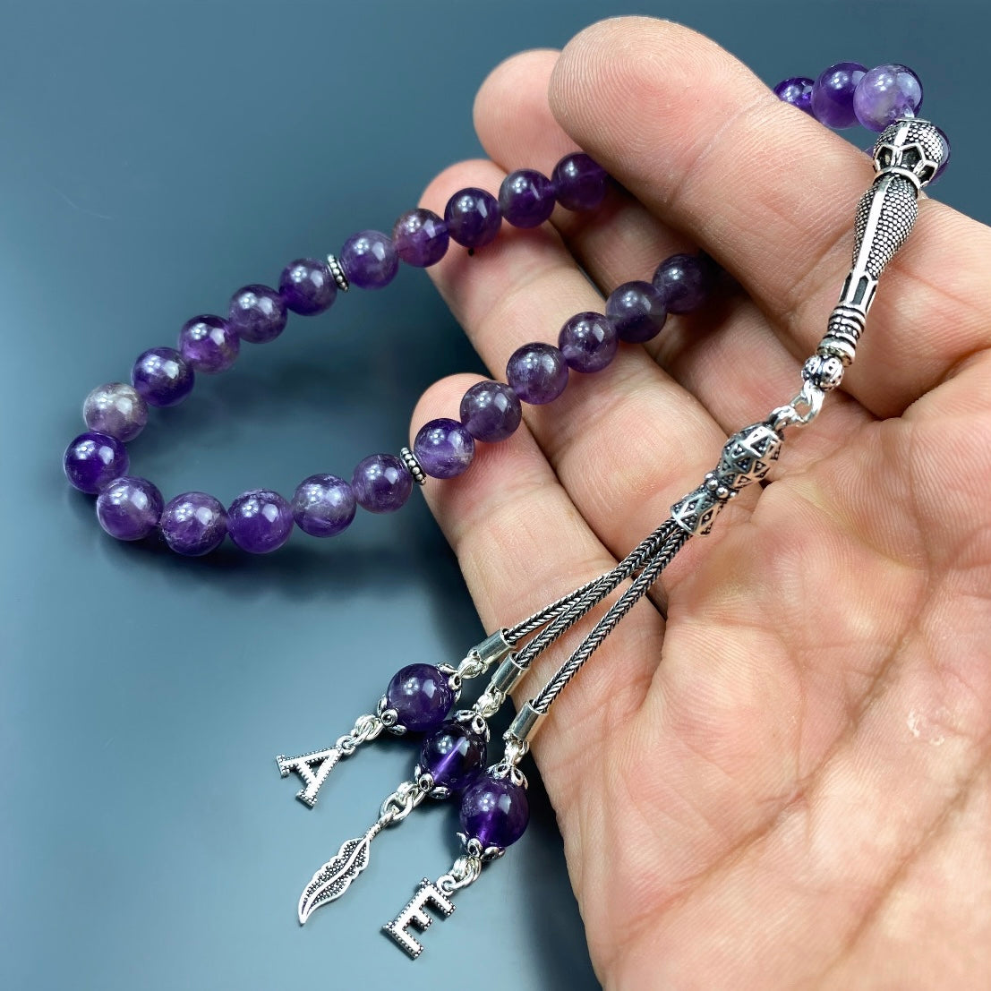 Tesbih Amethyst 2 Buchstaben & Logo personalisiert 925 Silber