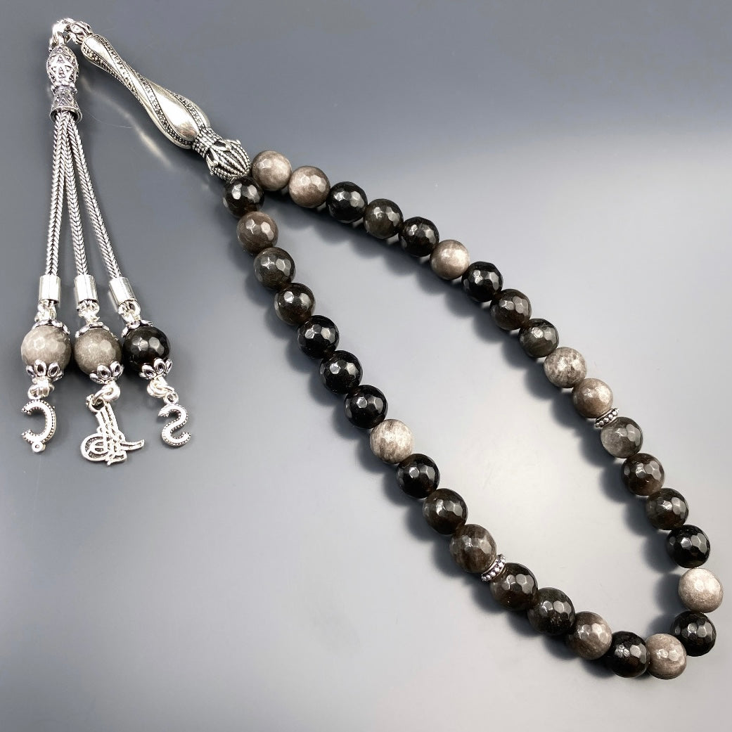 Tesbih Obsidian facettiert 2 Buchstaben & Logo personalisiert 925 Silber