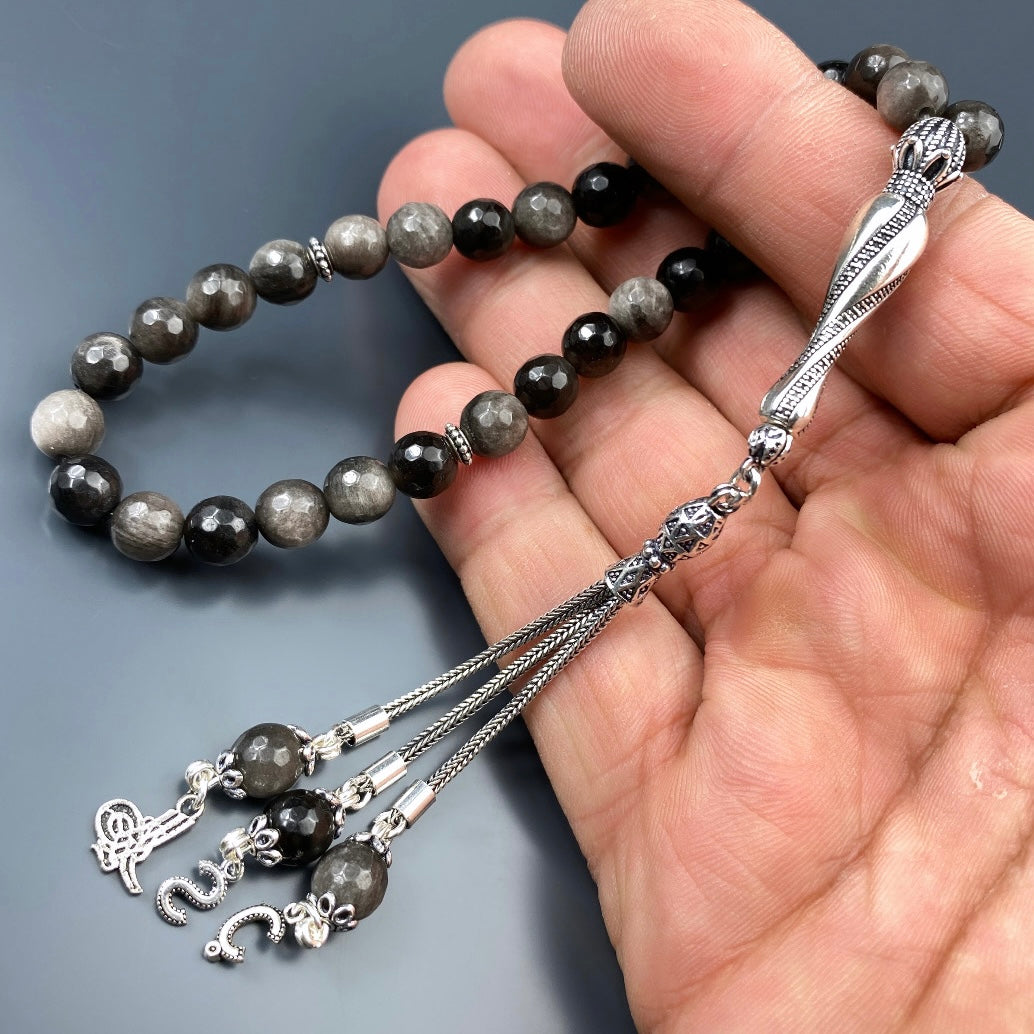 Tesbih Obsidian facettiert 2 Buchstaben & Logo personalisiert 925 Silber