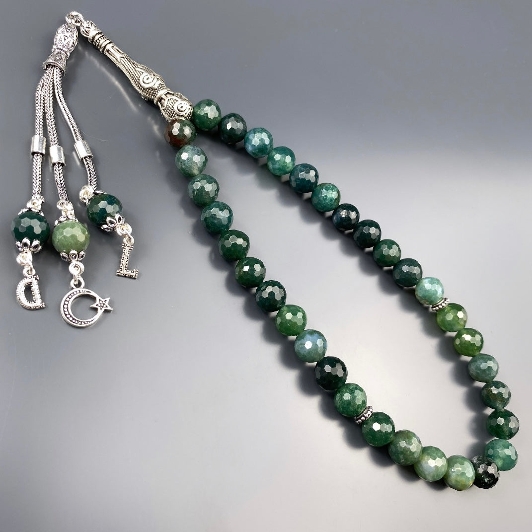 Tesbih Akik Grün 2 Buchstaben & Logo personalisiert 925 Silber