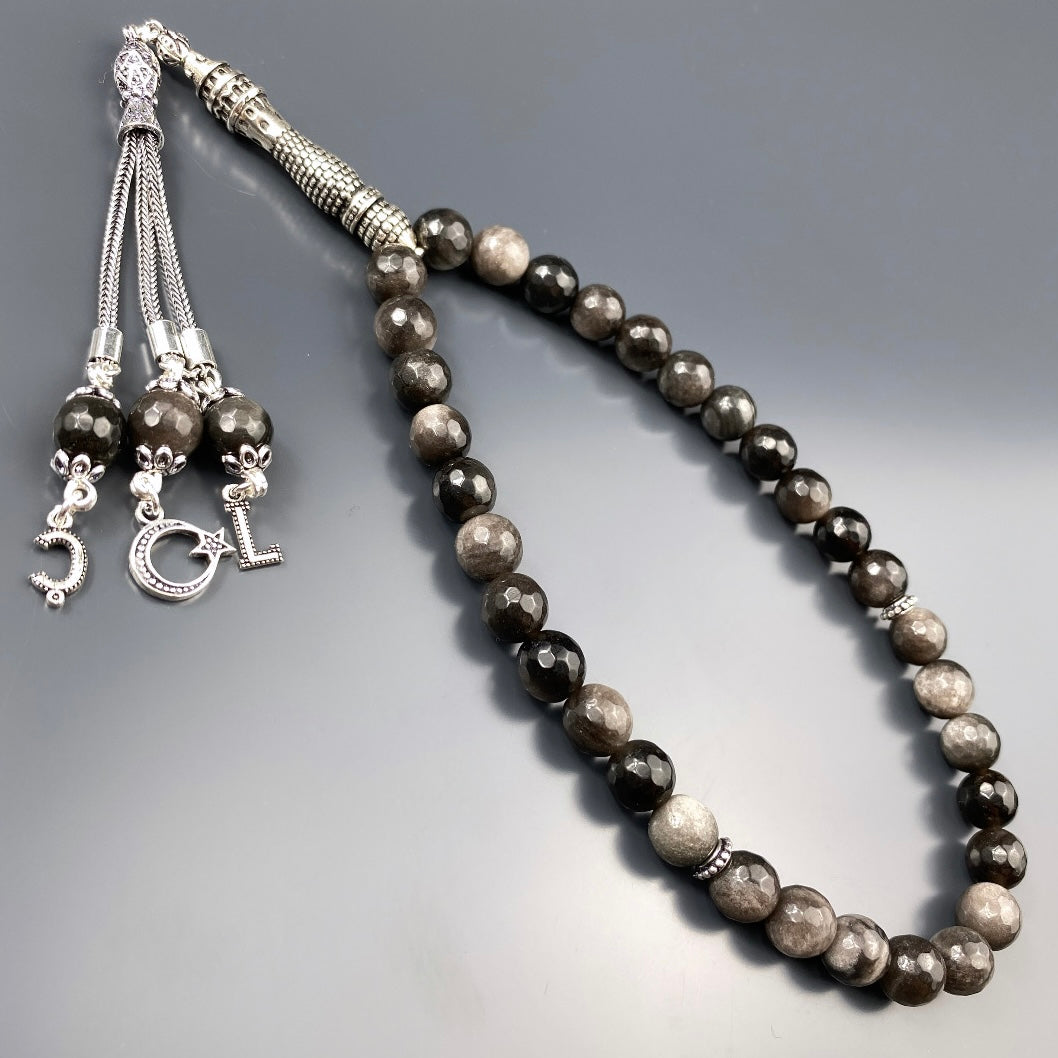 Tesbih Obsidian facettiert 2 Buchstaben & Logo personalisiert 925 Silber