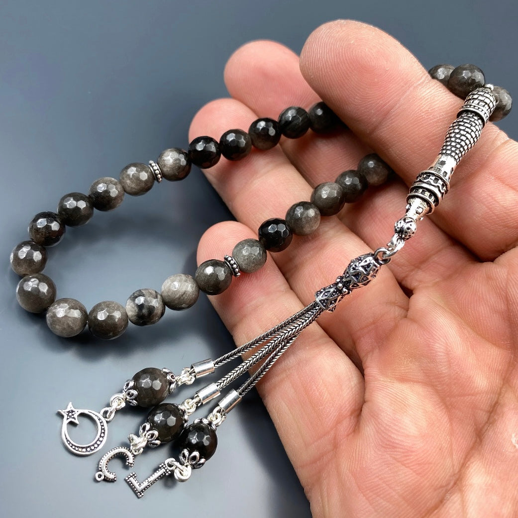 Tesbih Obsidian facettiert 2 Buchstaben & Logo personalisiert 925 Silber