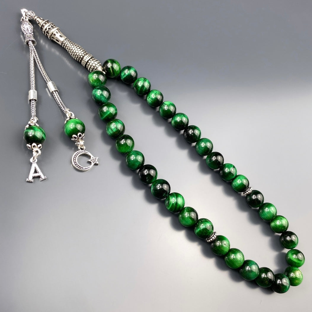 Tesbih Tigerauge Grün 1 Buchstaben & Logo personalisiert 925 Silber