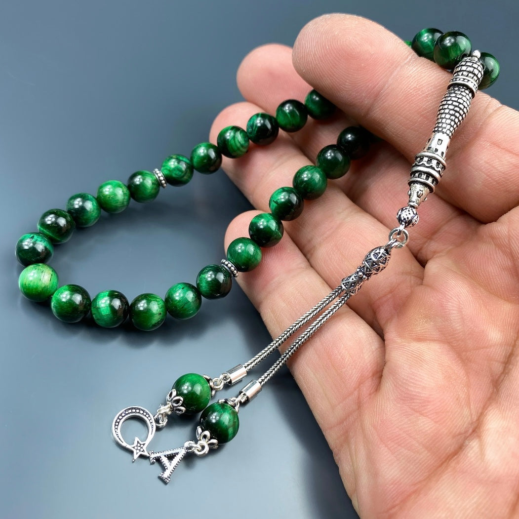 Tesbih Tigerauge Grün 1 Buchstaben & Logo personalisiert 925 Silber