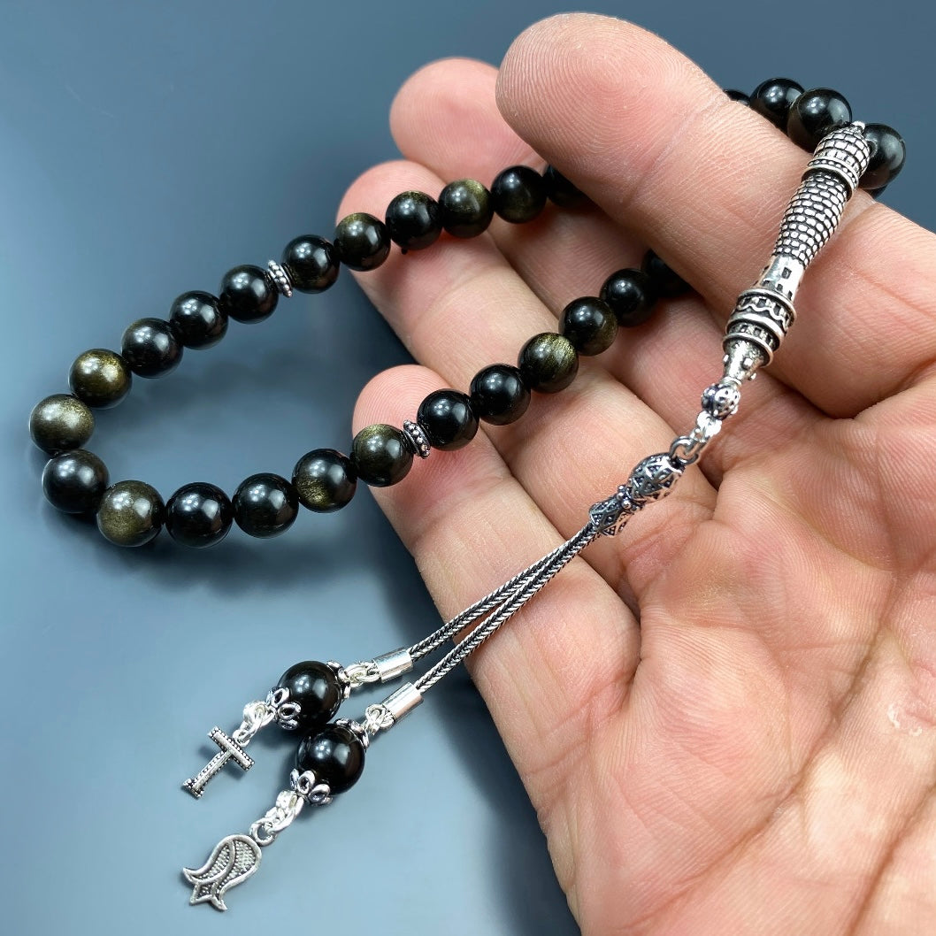 Tesbih Obsidian 1 Buchstaben & Logo personalisiert 925 Silber