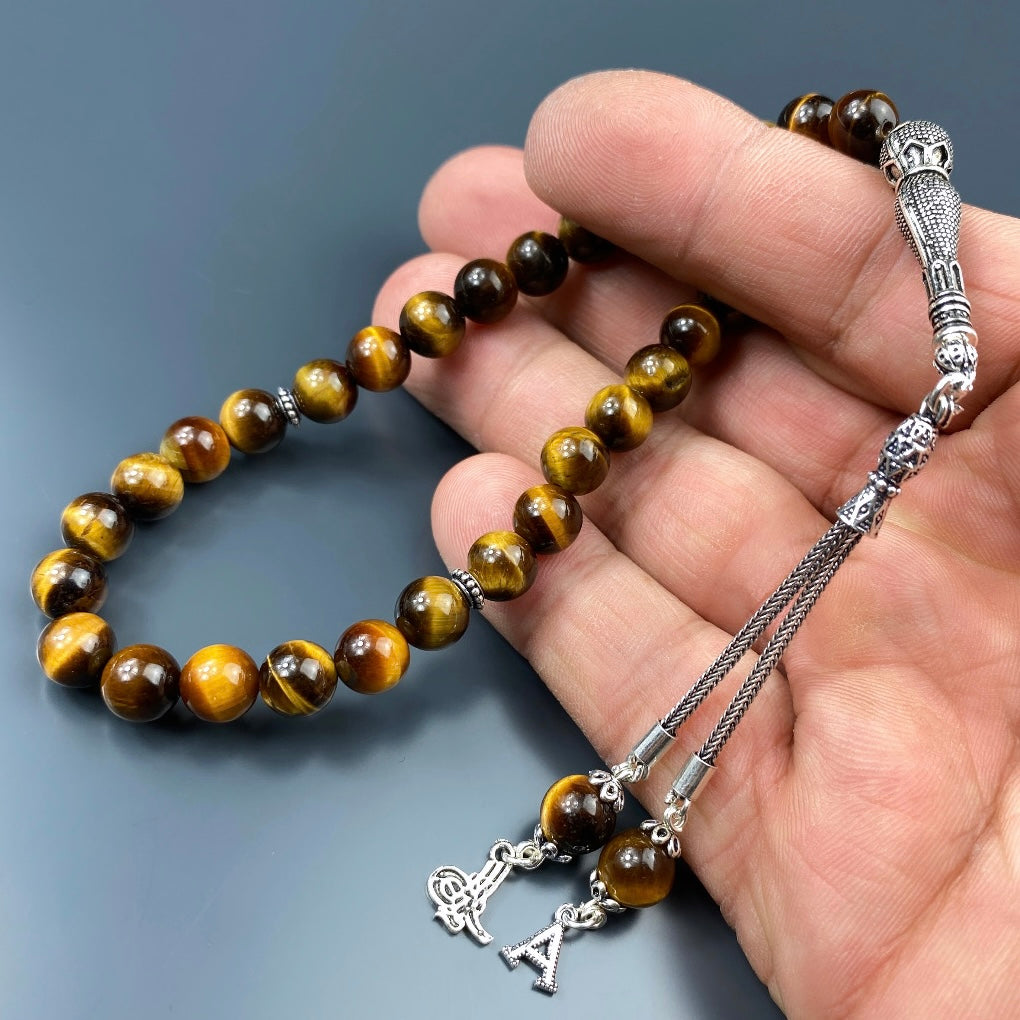 Tesbih Tigerauge Braun 1 Buchstaben & Logo personalisiert 925 Silber