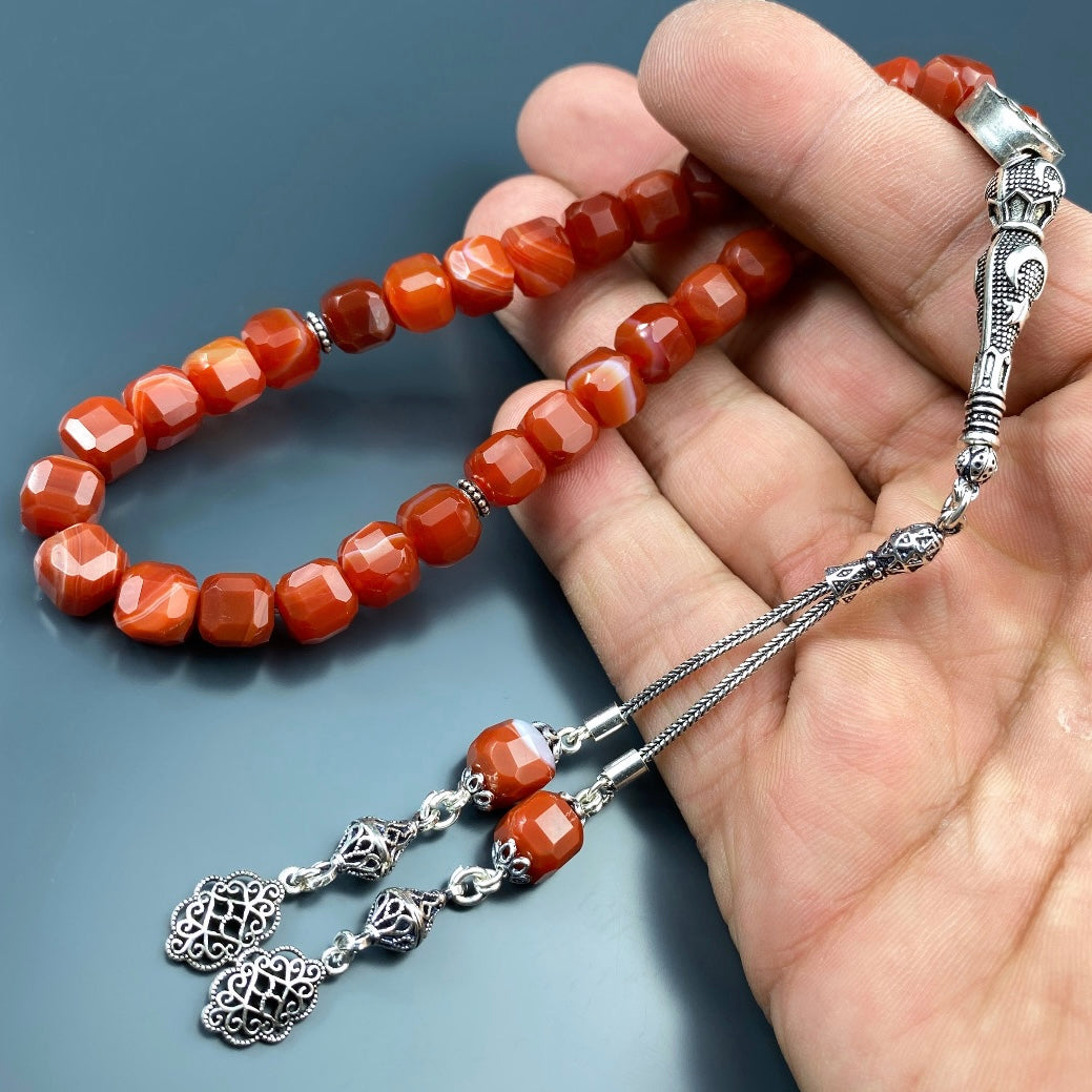 Tesbih Akik Achat Küp Kesim Ay Yildiz Logo Özel Tasarim 925 Silber