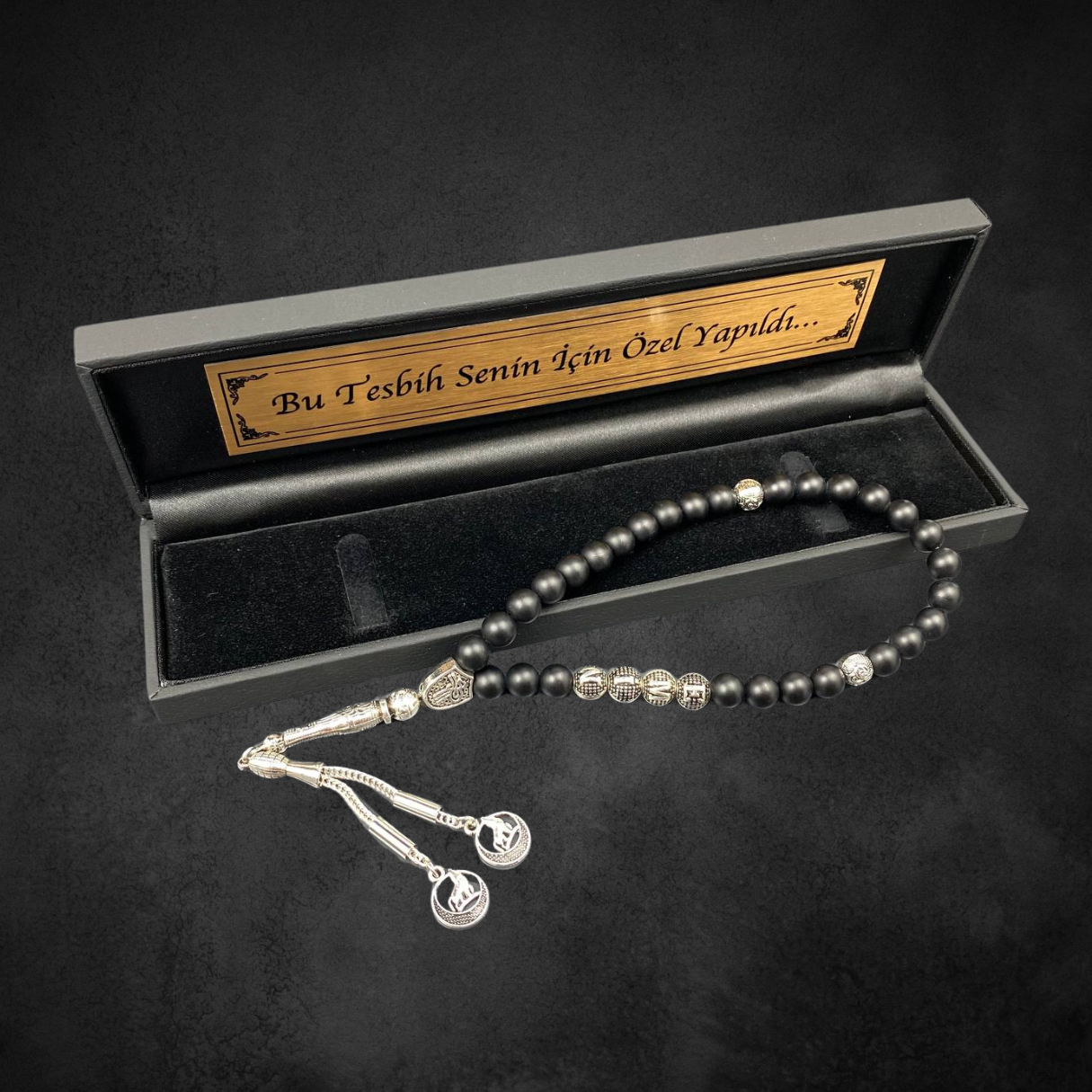 Tesbih mit Namen und Geschenkbox personalisiert mit einem Wunschtext Geschenk etui islamische geschenke perlenkette männerschmuck Kehribar tesbih Feuerzug mit Namen personalisiert
