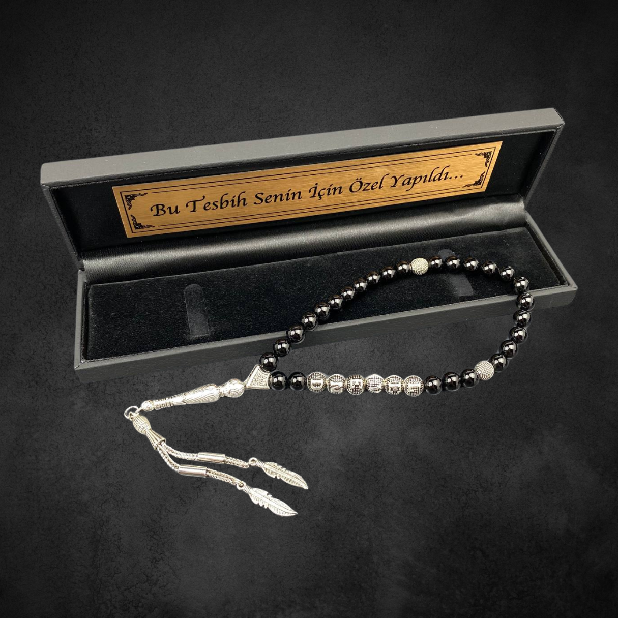 Tesbih mit Namen und Geschenkbox personalisiert mit einem Wunschtext Geschenk etui islamische geschenke perlenkette männerschmuck Kehribar tesbih Feuerzug mit Namen personalisiert