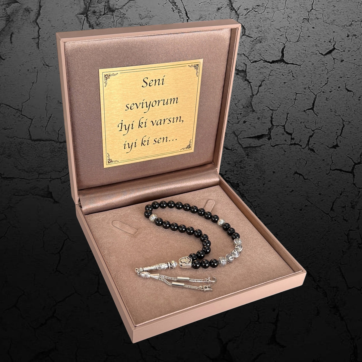 Tesbih mit Namen Personalisiert mit Geschenkbox & Wunschtext | Hell Braune Box
