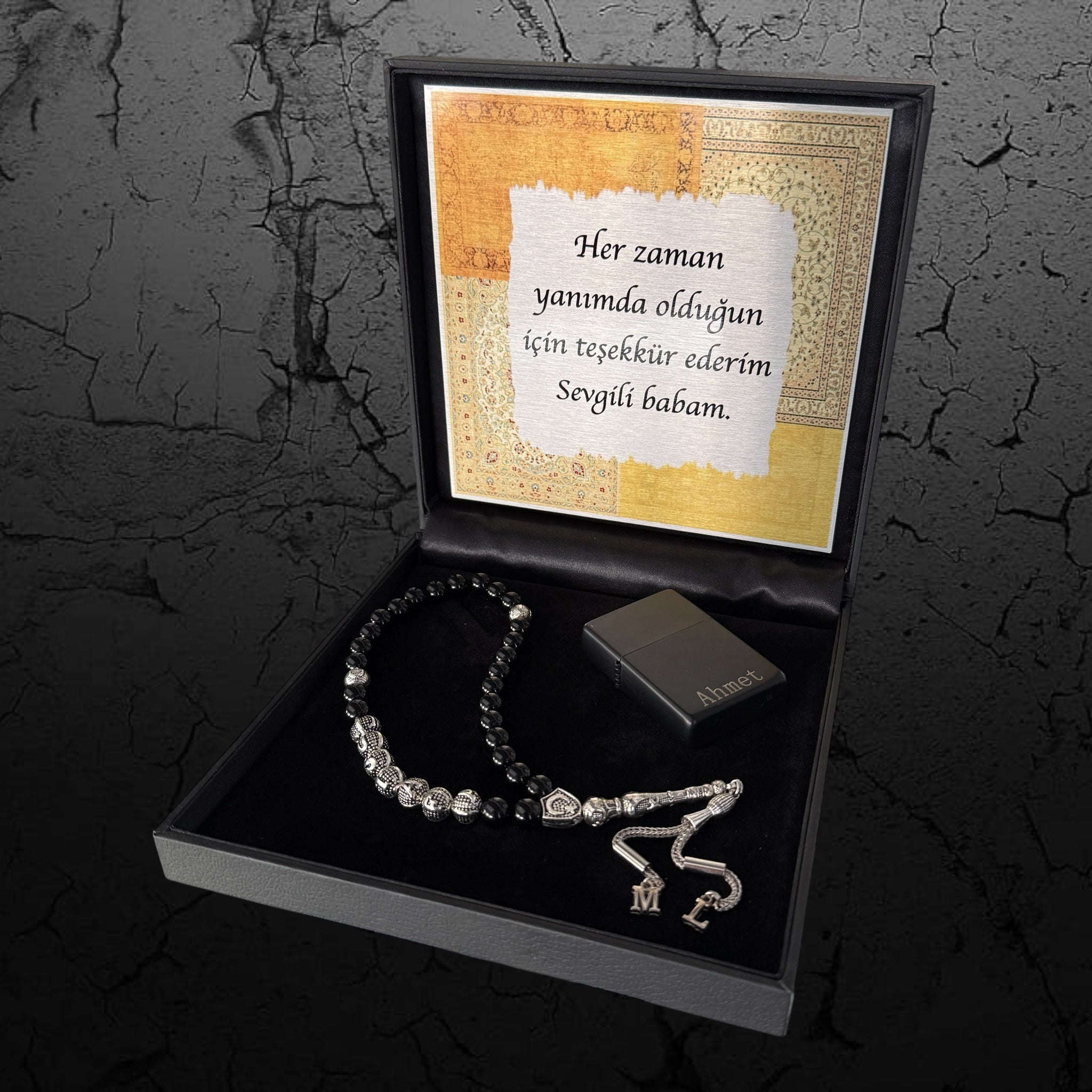 Gebetskette Tesbih mit Gravur und Feuerzeug in edler Präsentationsbox