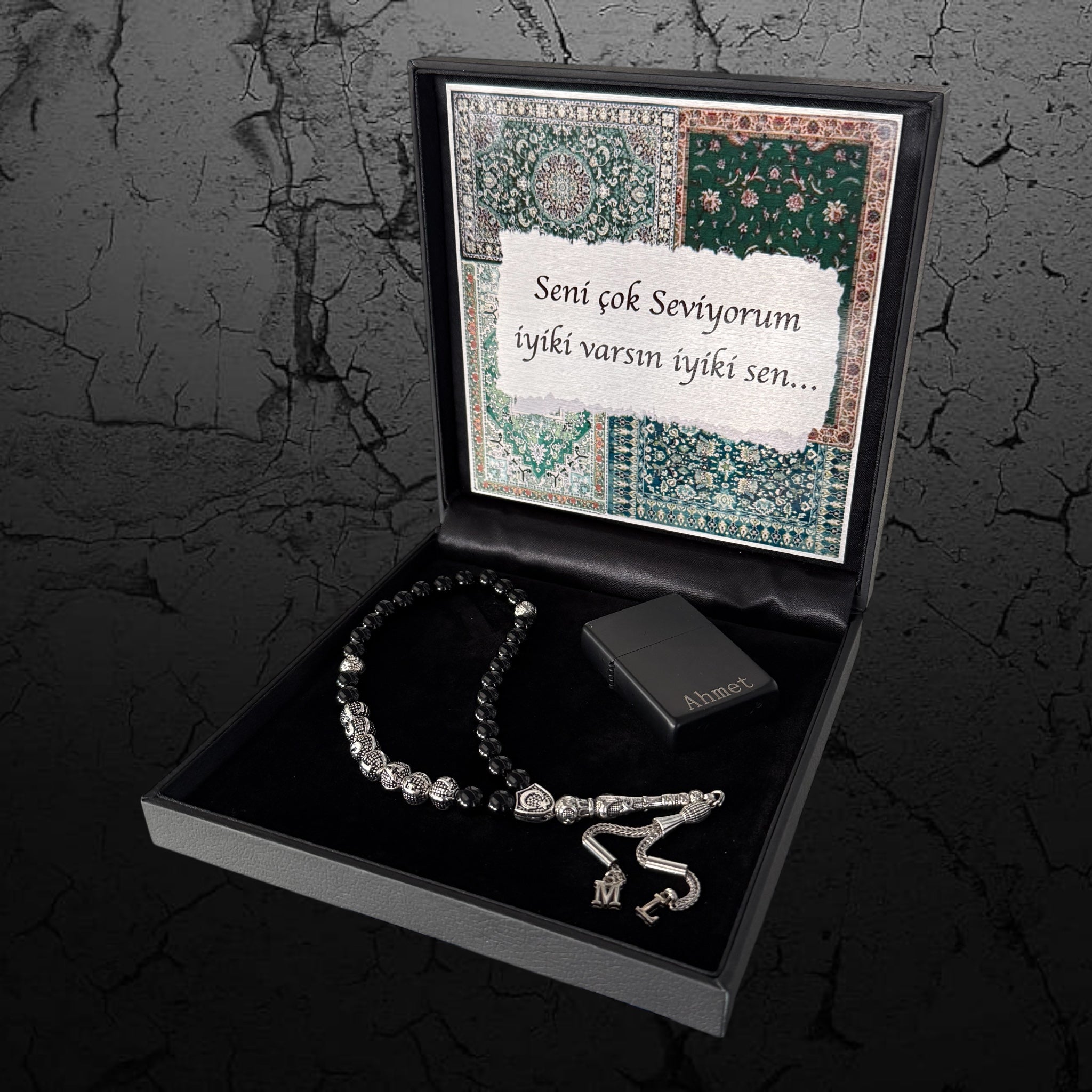 Tesbih Geschenkset personalisiert mit Namen und hochwertigem Feuerzeug