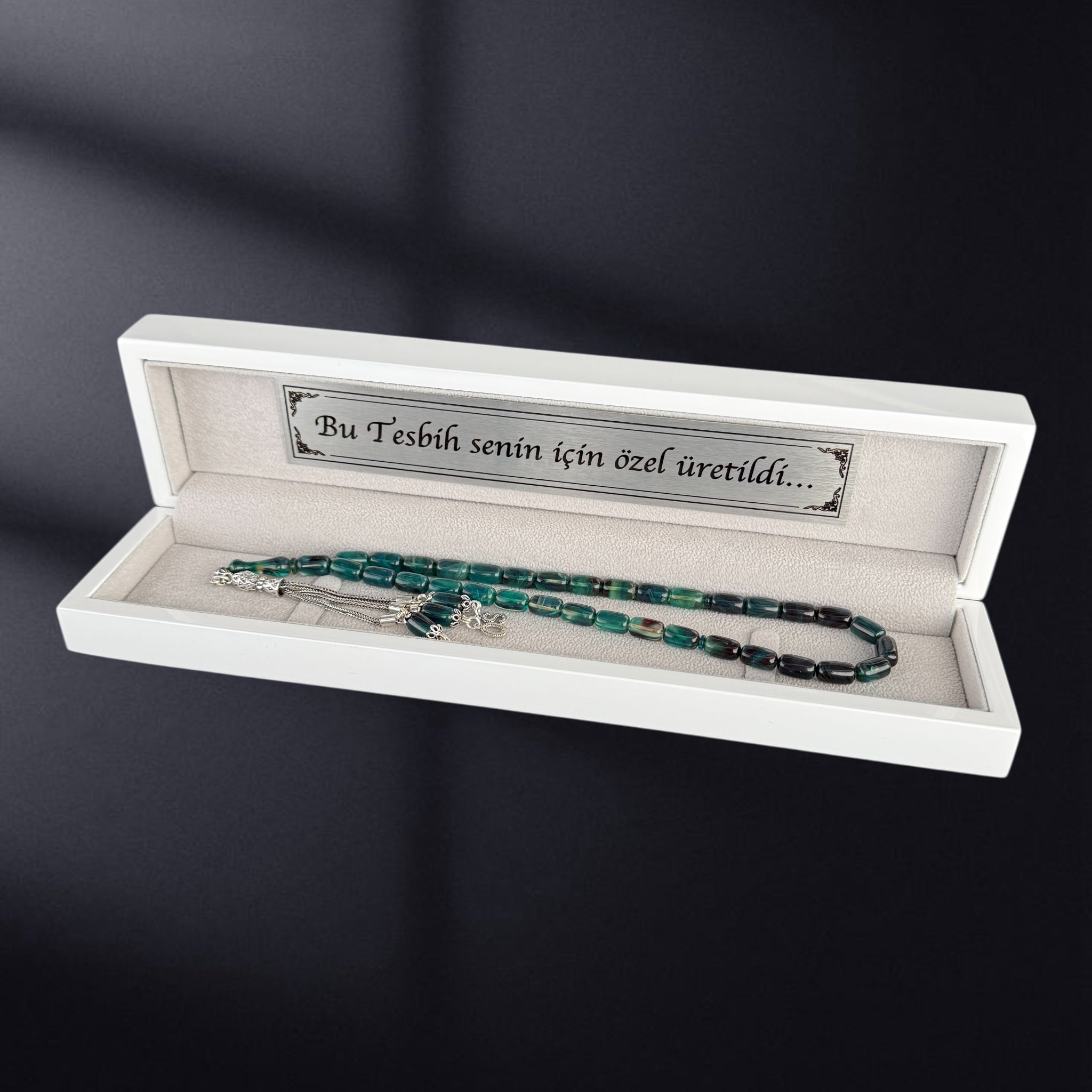 SIKMA Kehribar Tesbih 2 Buchstaben & Logo mit Holzbox weiss Hochglanz LIMITED Edition