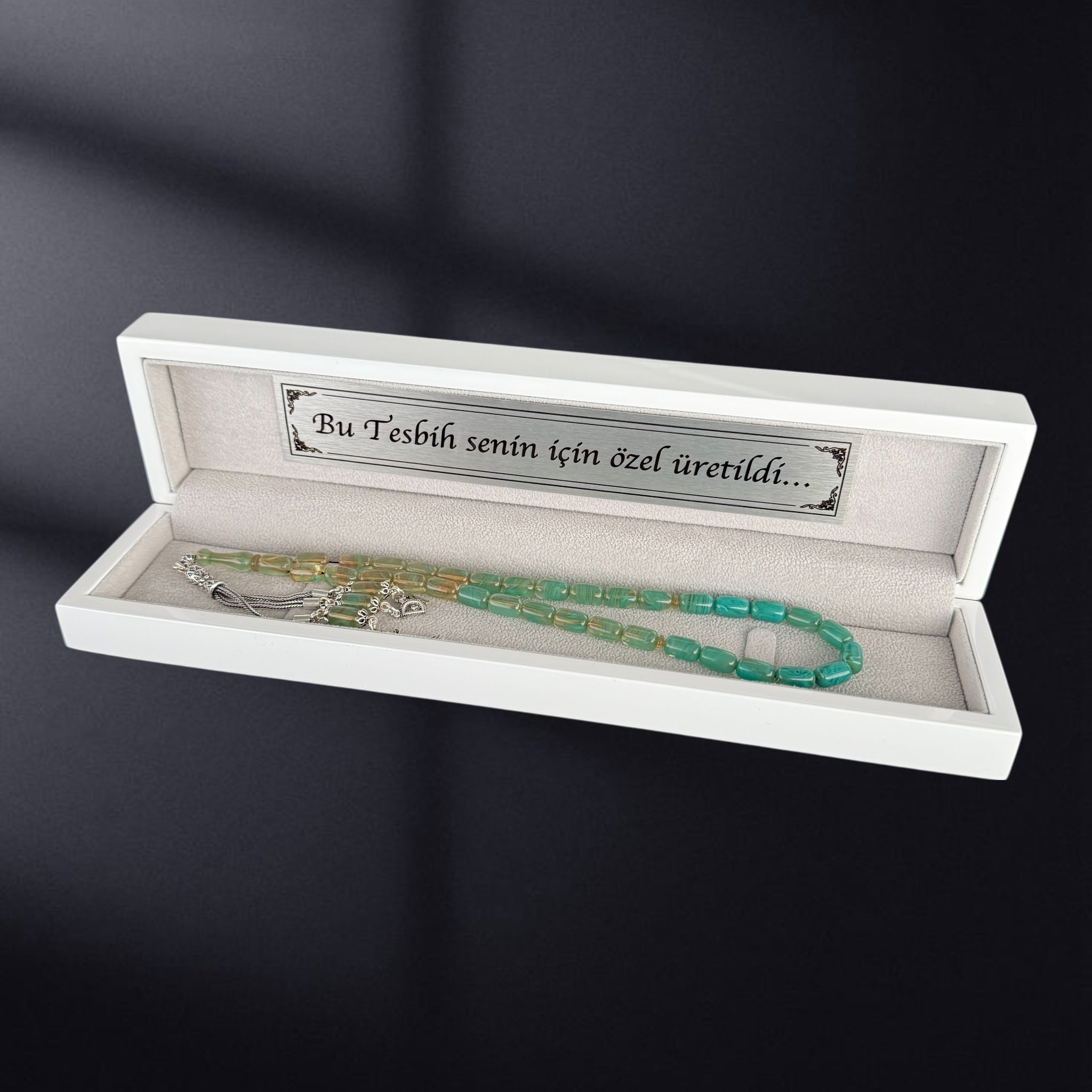 SIKMA Kehribar Tesbih 2 Buchstaben & Logo mit Holzbox weiss Hochglanz LIMITED Edition