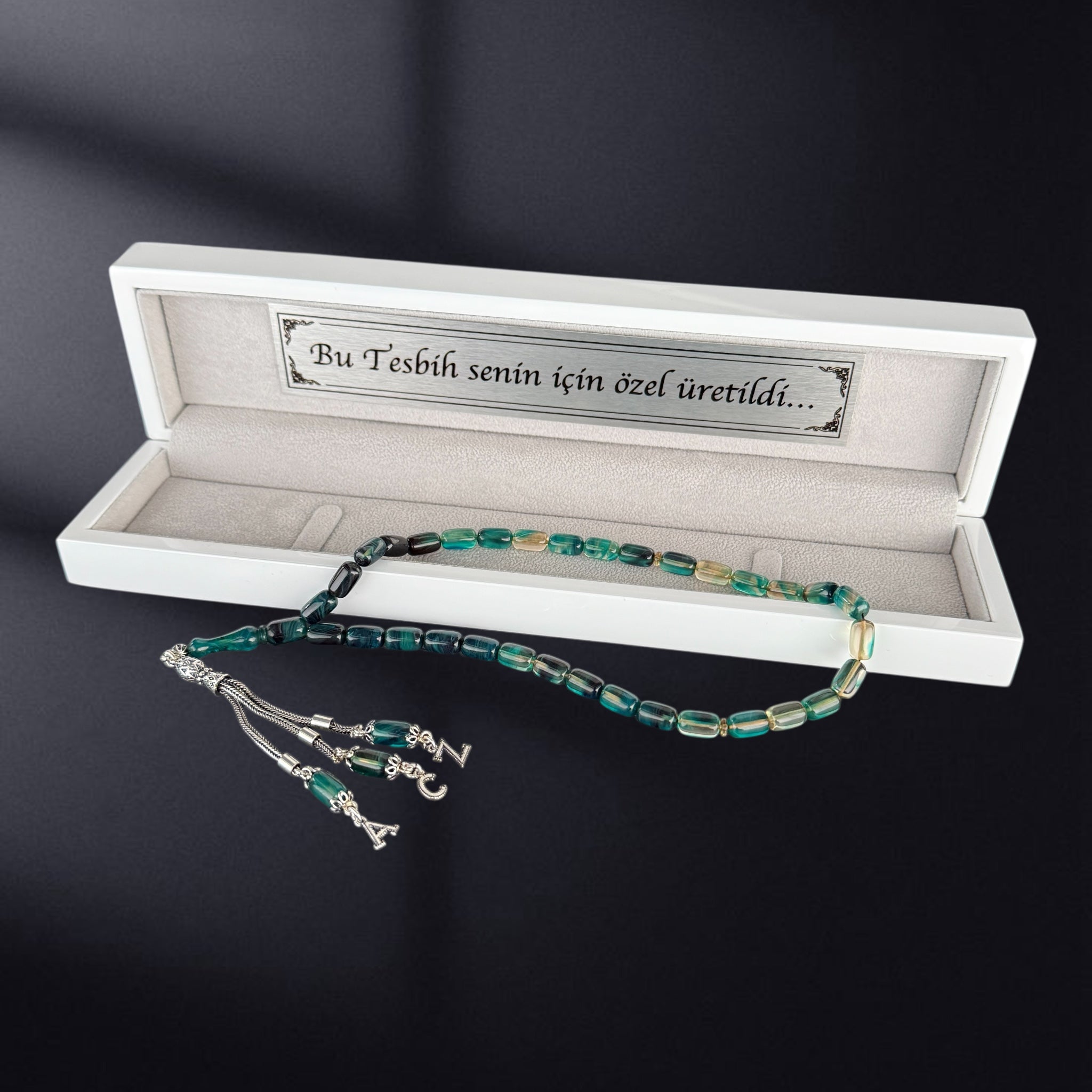 SIKMA Kehribar Tesbih 3 Buchstaben mit Holzbox weiss Hochglanz LIMITED Edition