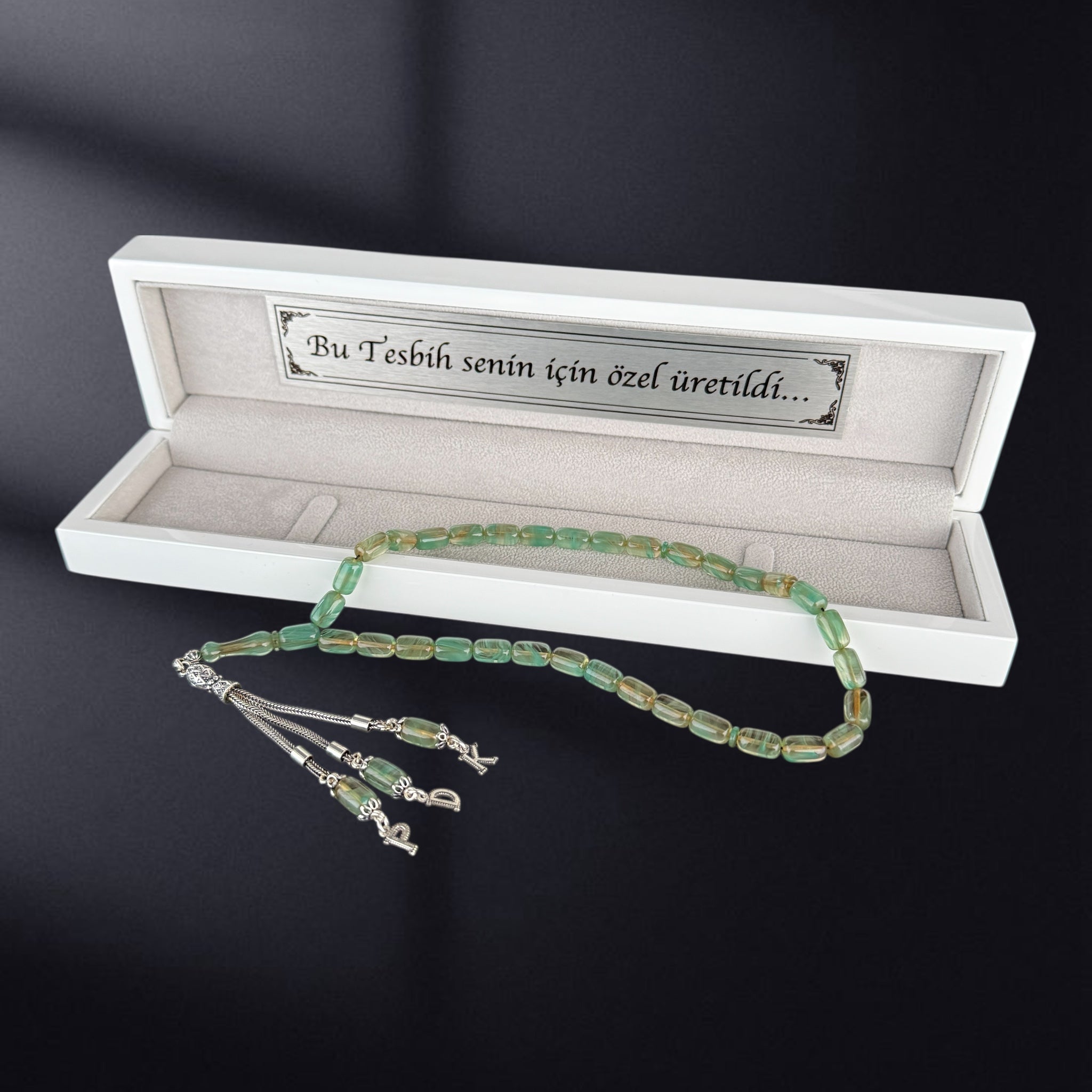 SIKMA Kehribar Tesbih 3 Buchstaben mit Holzbox weiss Hochglanz LIMITED Edition