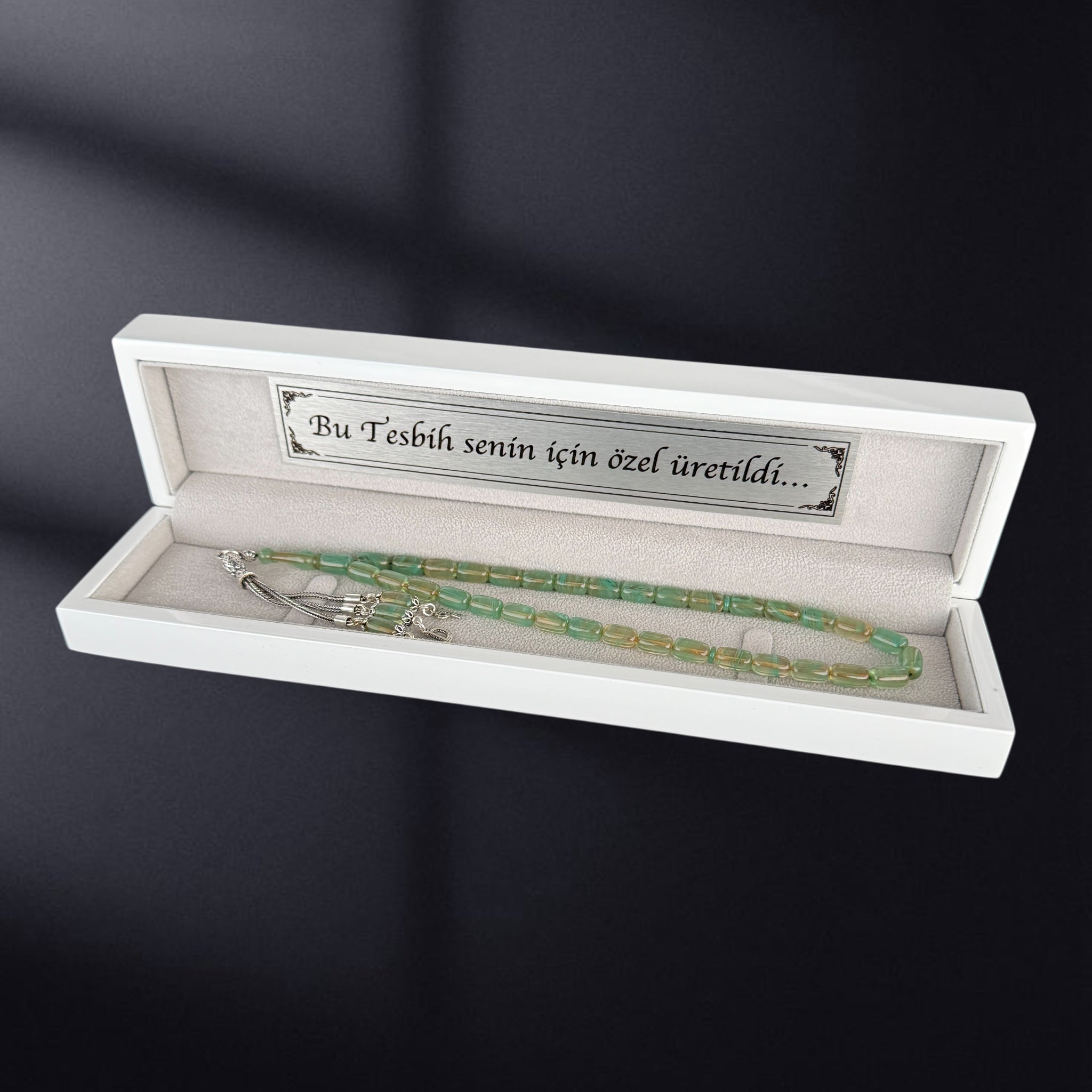 SIKMA Kehribar Tesbih 3 Buchstaben mit Holzbox weiss Hochglanz LIMITED Edition