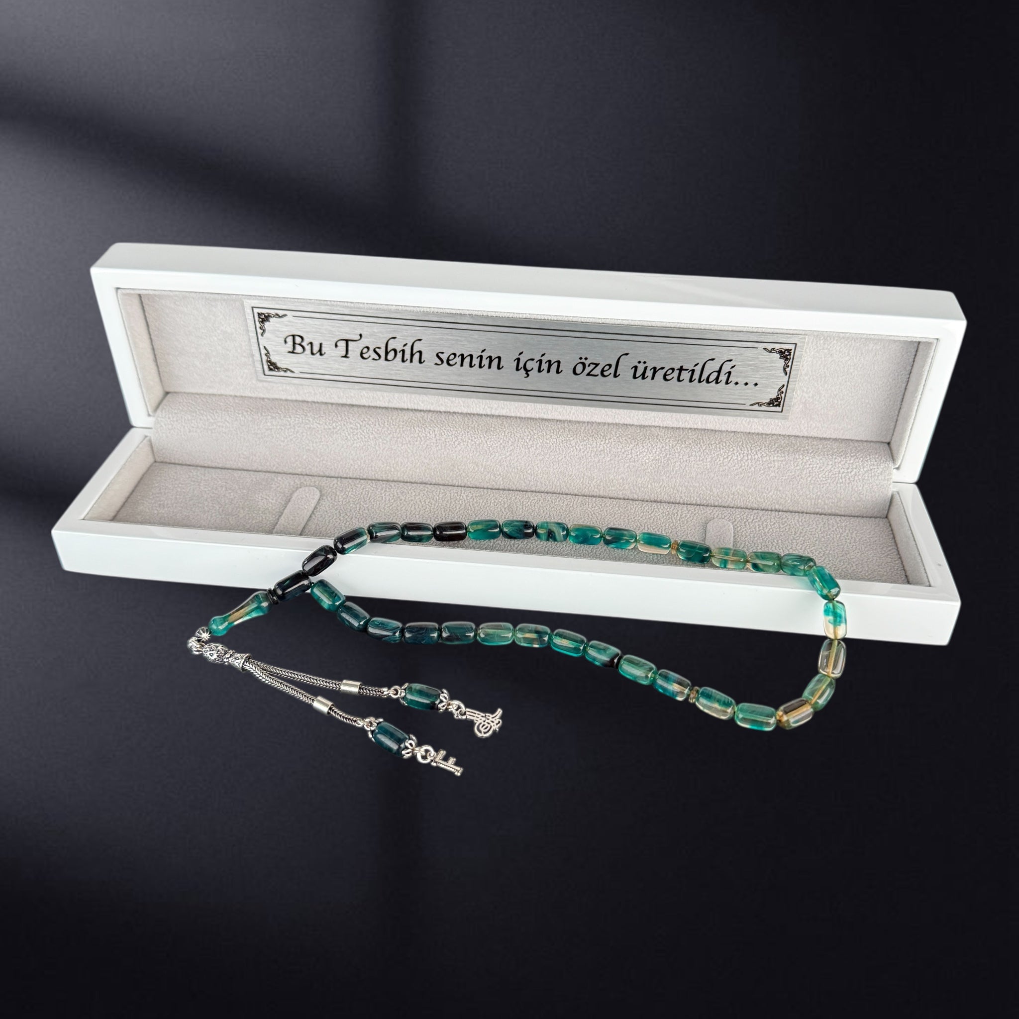 SIKMA Kehribar Tesbih 1 Buchstaben & Logo mit Holzbox weiss Hochglanz LIMITED Edition