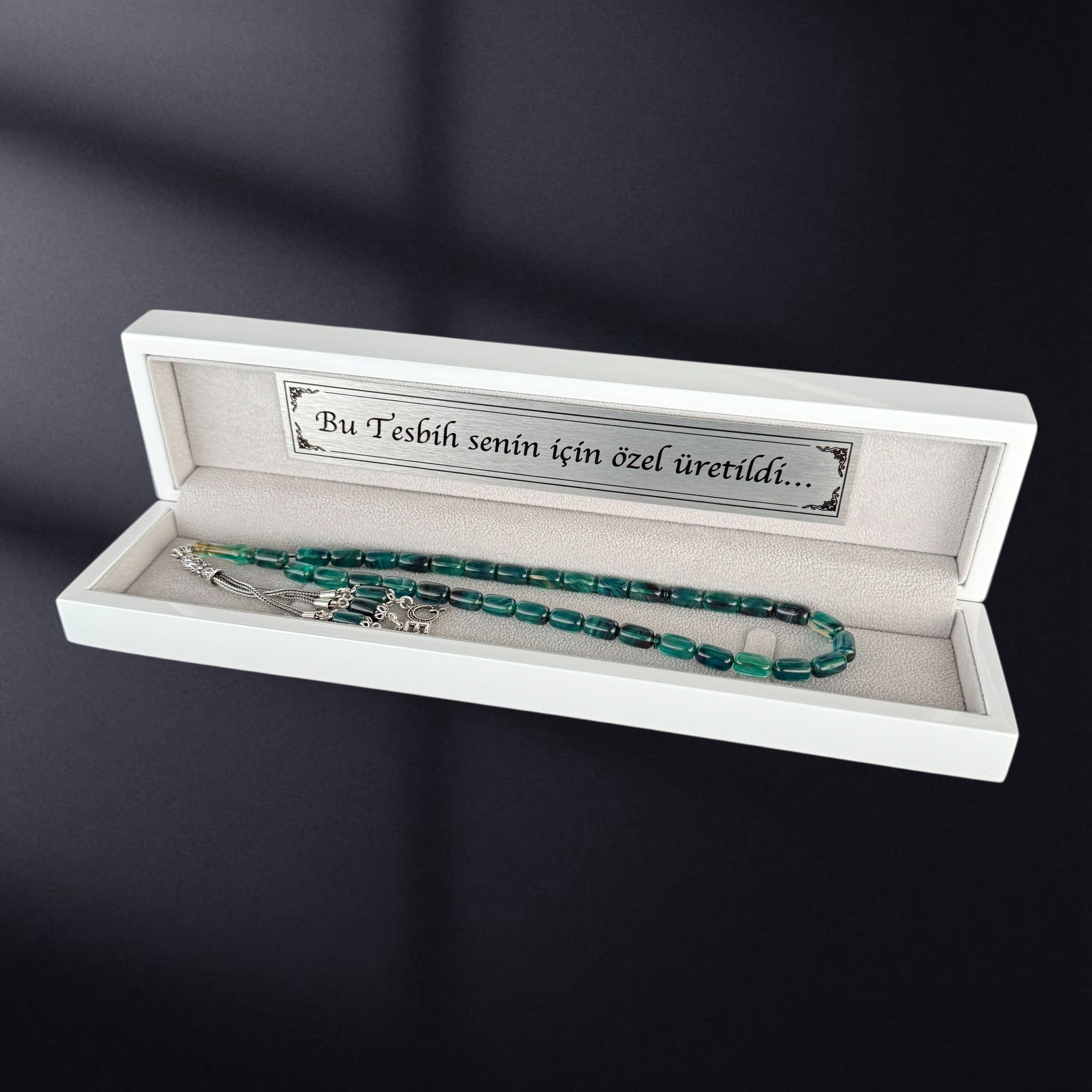 SIKMA Kehribar Tesbih 2 Buchstaben & Logo mit Holzbox weiss Hochglanz LIMITED Edition