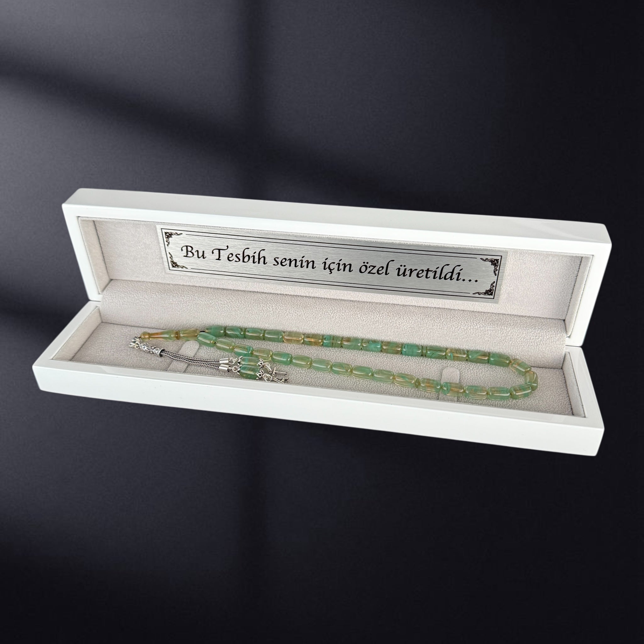 SIKMA Kehribar Tesbih 2 Buchstaben mit Holzbox weiss Hochglanz LIMITED Edition