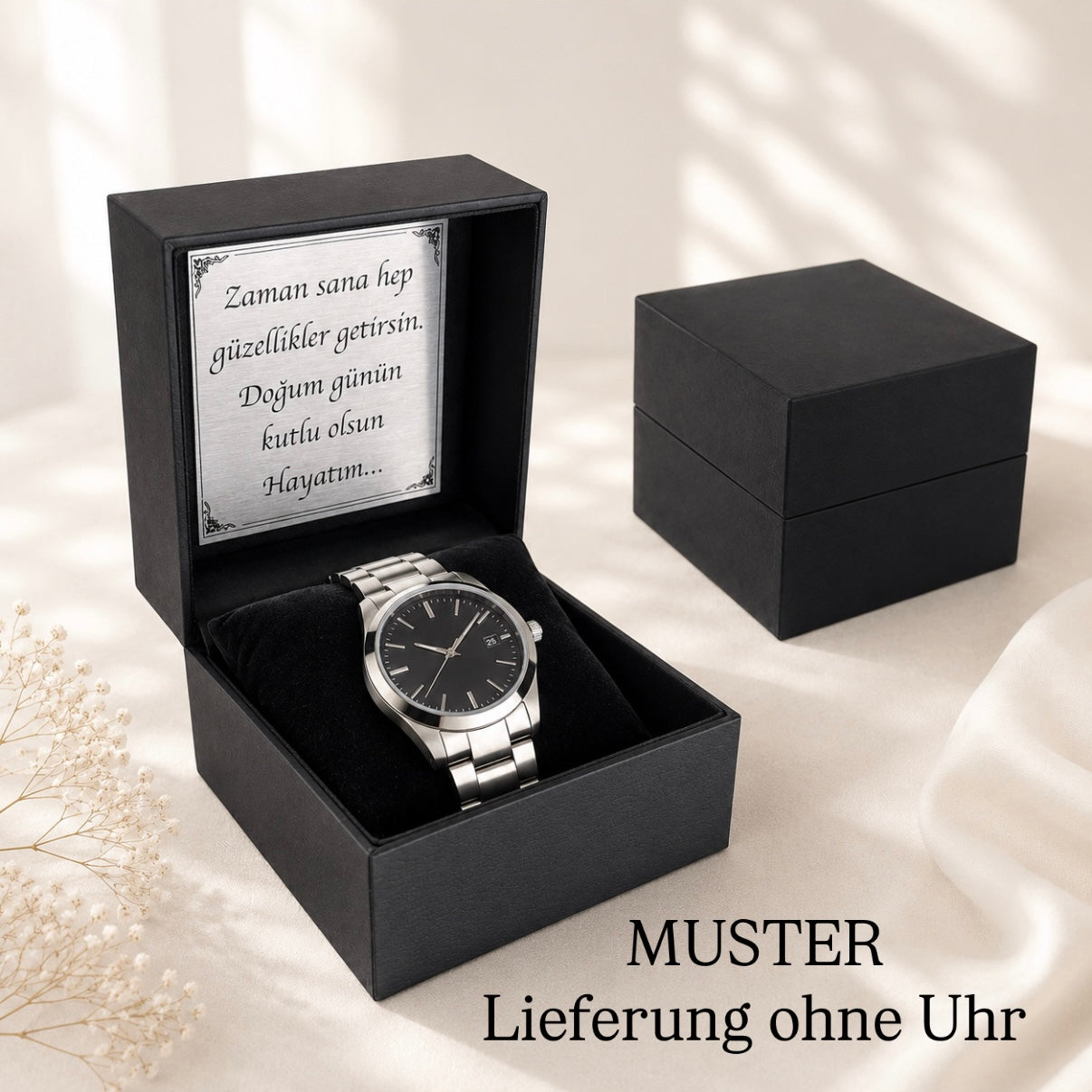 Personalisierte Uhrenbox mit Wunschtext – Elegantes Uhrenetui aus Kunstleder mit Silber-Plakette