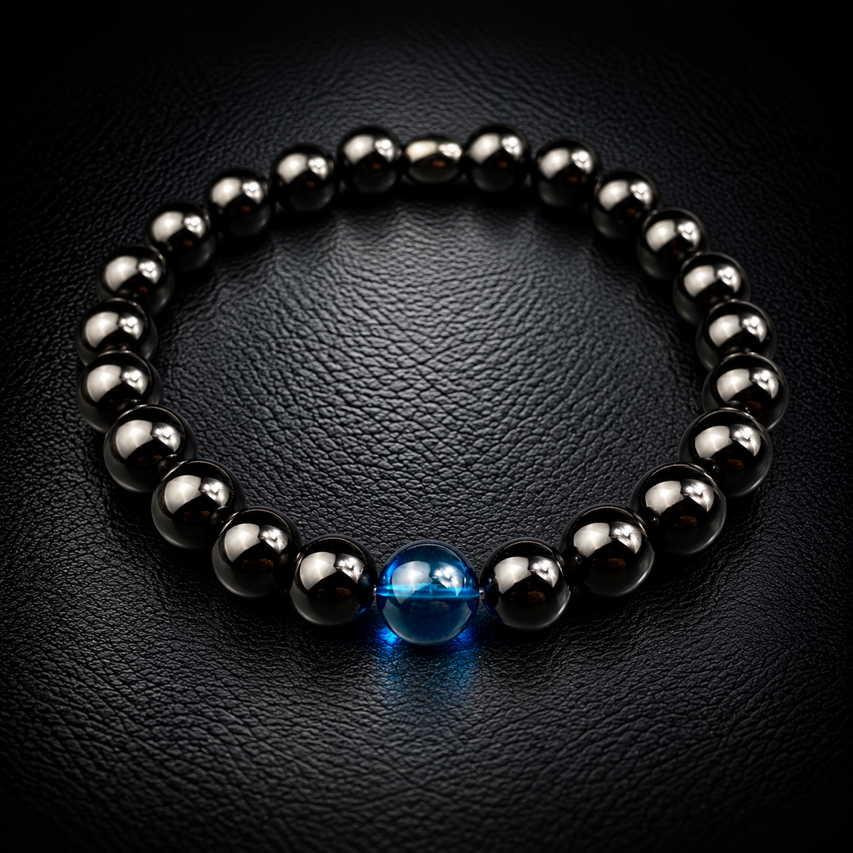 Blaues Kehribar Armband für Herren aus echtem Bernstein mit schwarzen Onyx-Perlen – Modell Nr. 011 von Sani Tesbih.