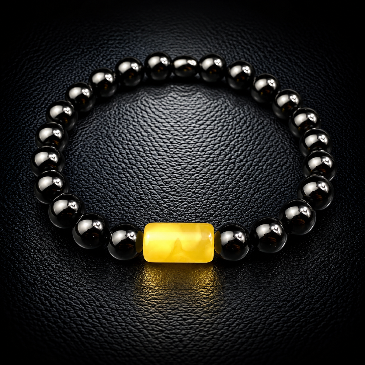 Gelbes Kehribar Armband für Herren aus echtem Naturbernstein mit schwarzen 8-mm-Onyx-Perlen – Modell Nr. 013 von Sani Tesbih.