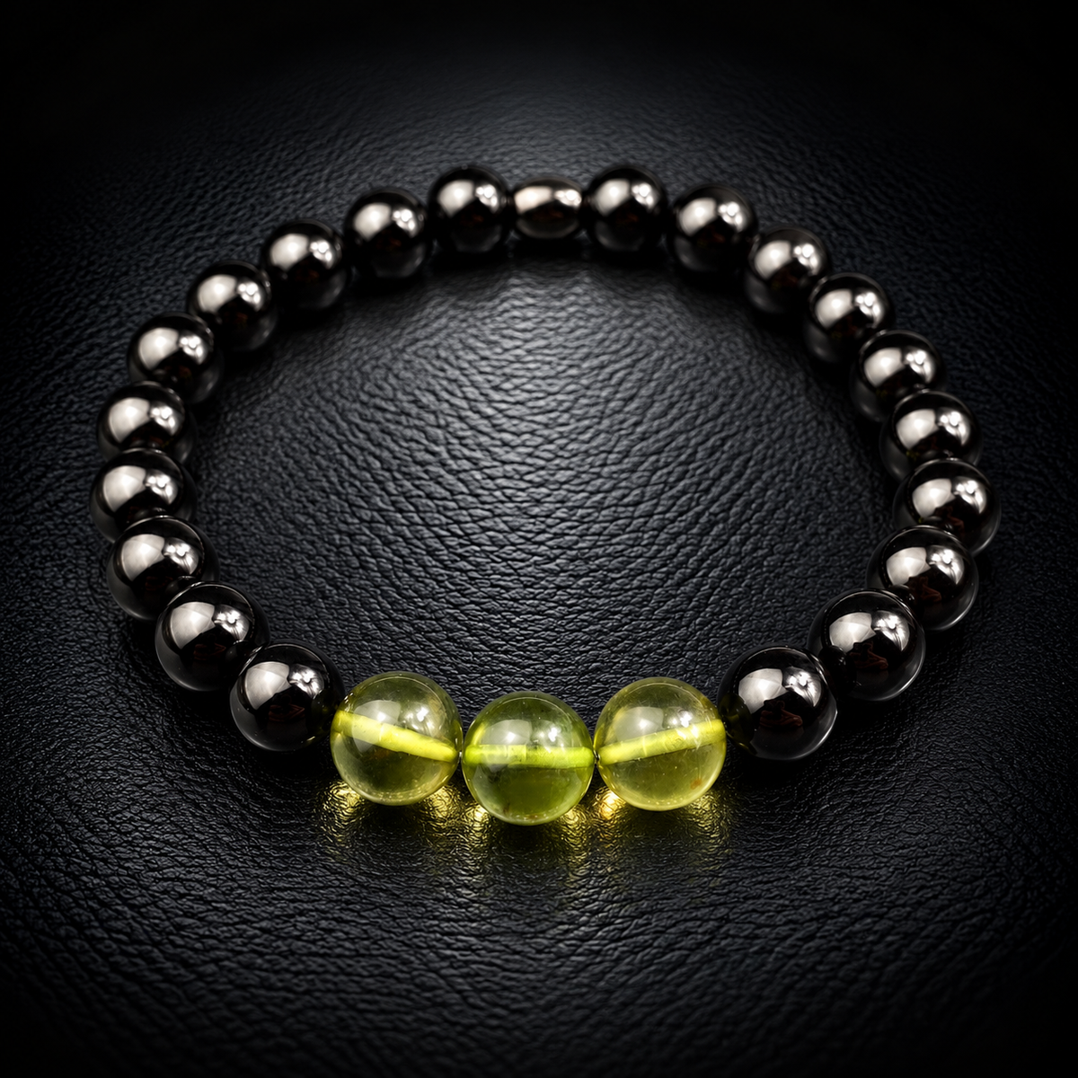 Hellgrünes Kehribar Armband für Herren aus echtem Bernstein mit schwarzen Onyx-Perlen – Modell Nr. 016 von Sani Tesbih.