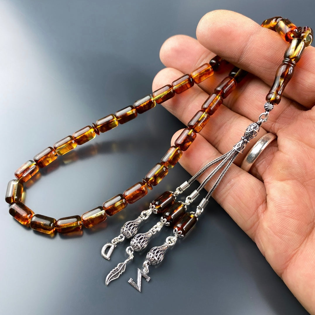 Kehribar / Bernstein Tesbih 2 Buchstaben & Logo – Braun, 925 Silber