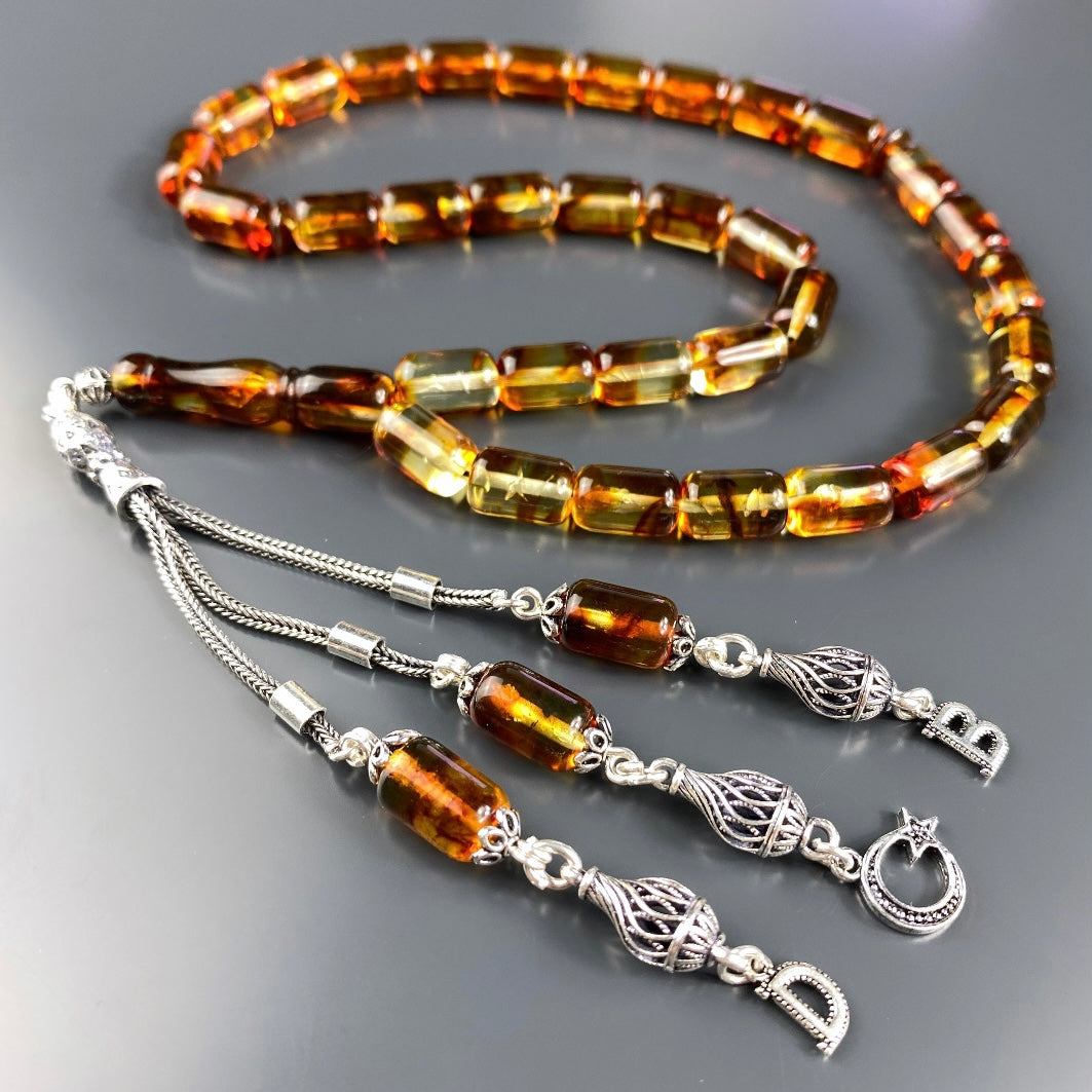 Kehribar / Bernstein Tesbih 2 Buchstaben & Logo – Braun, 925 Silber