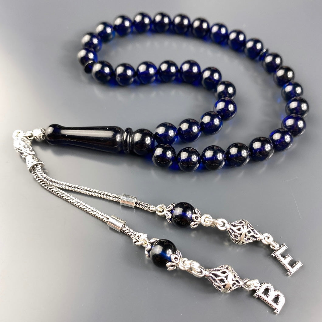 Kehribar / Bernstein Tesbih 2 Buchstaben – Blau, 925 Silber