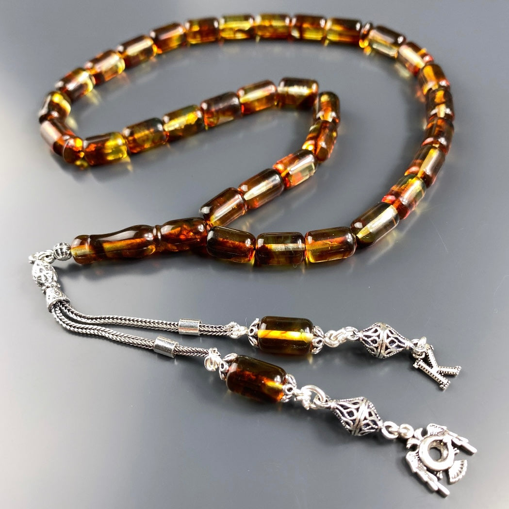 Kehribar / Bernstein Tesbih 1 Buchstaben & Selculuklu Türk Logo – Braun, 925 Silber