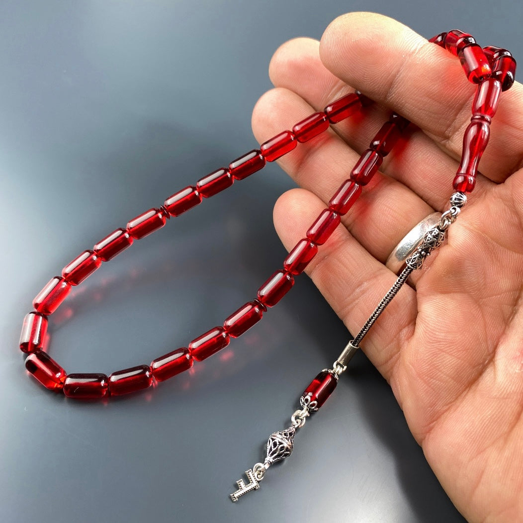 Kehribar / Bernstein Tesbih 1 Buchstaben – Rot, 925 Silber
