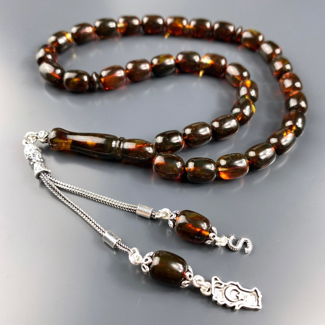 Kehribar / Bernstein Tesbih 1 Buchstaben & Türkiye Logo – Braun, 925 Silber