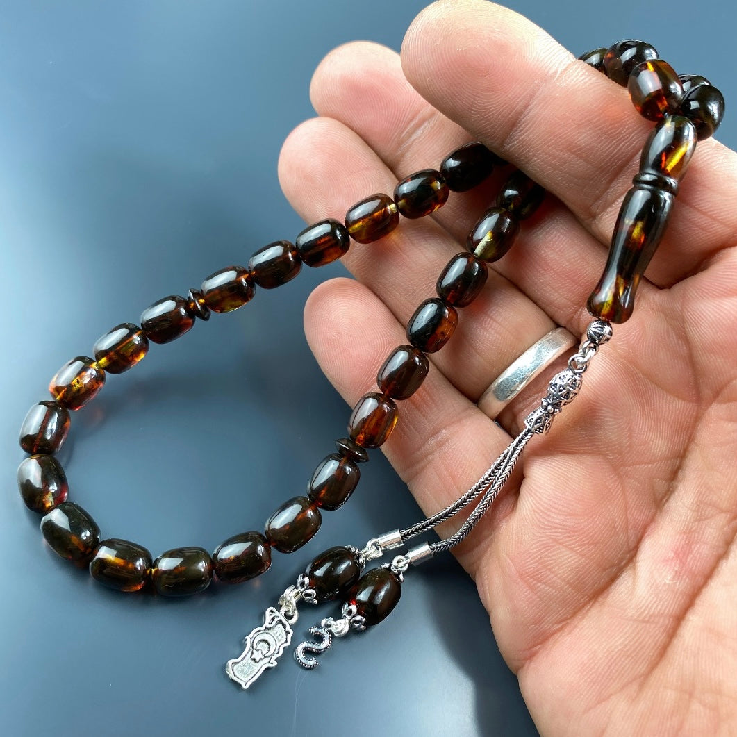 Kehribar / Bernstein Tesbih 1 Buchstaben & Türkiye Logo – Braun, 925 Silber