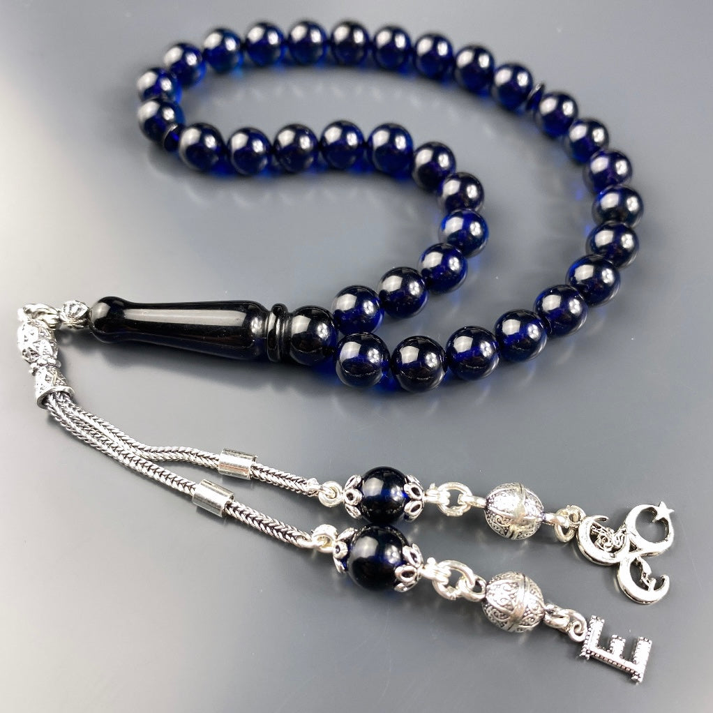 Kehribar / Bernstein Tesbih 1 Buchstaben & 3 Hilal Logo – Blau, 925 Silber
