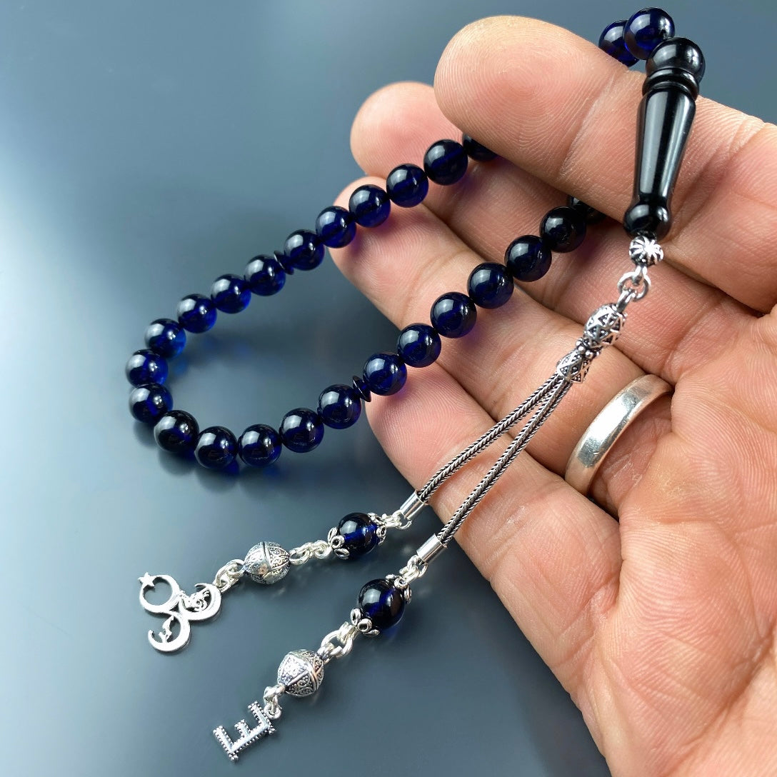 Kehribar / Bernstein Tesbih 1 Buchstaben & 3 Hilal Logo – Blau, 925 Silber