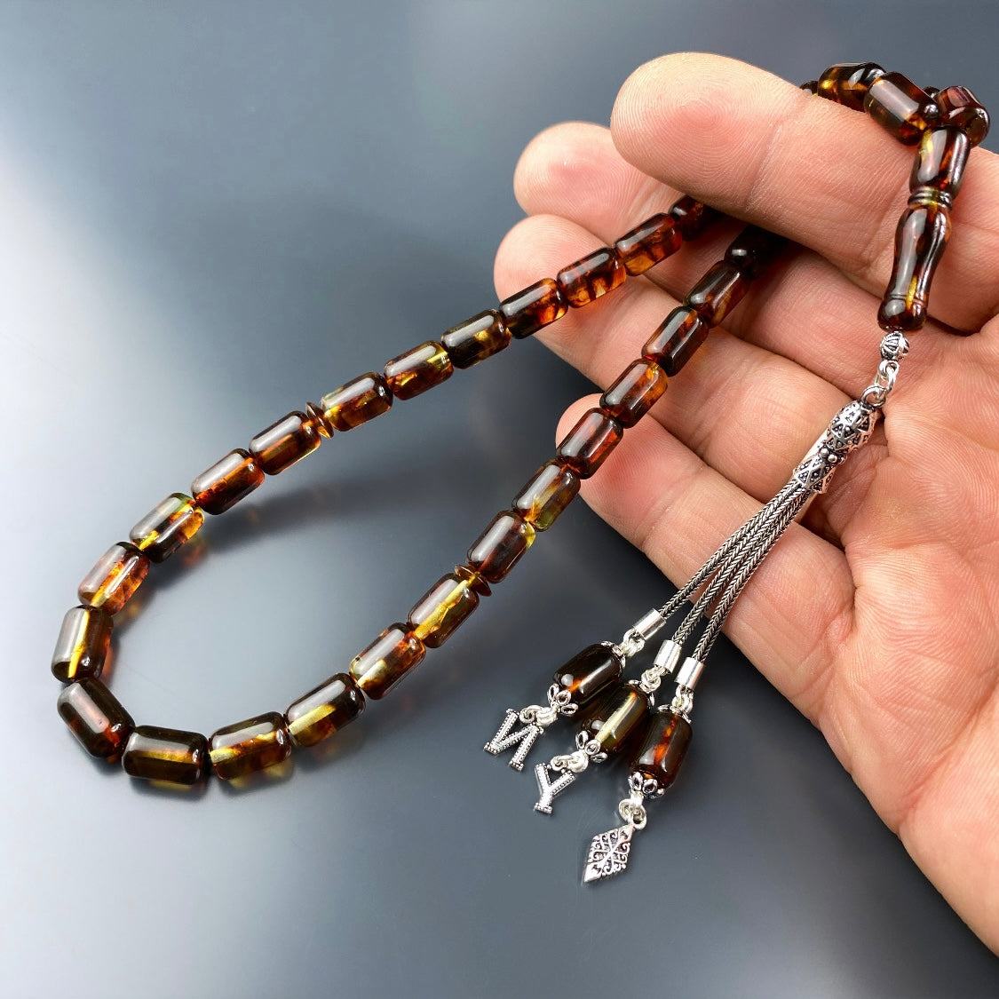 Kehribar / Bernstein Tesbih 2 Buchstaben – Braun, 925 Silber