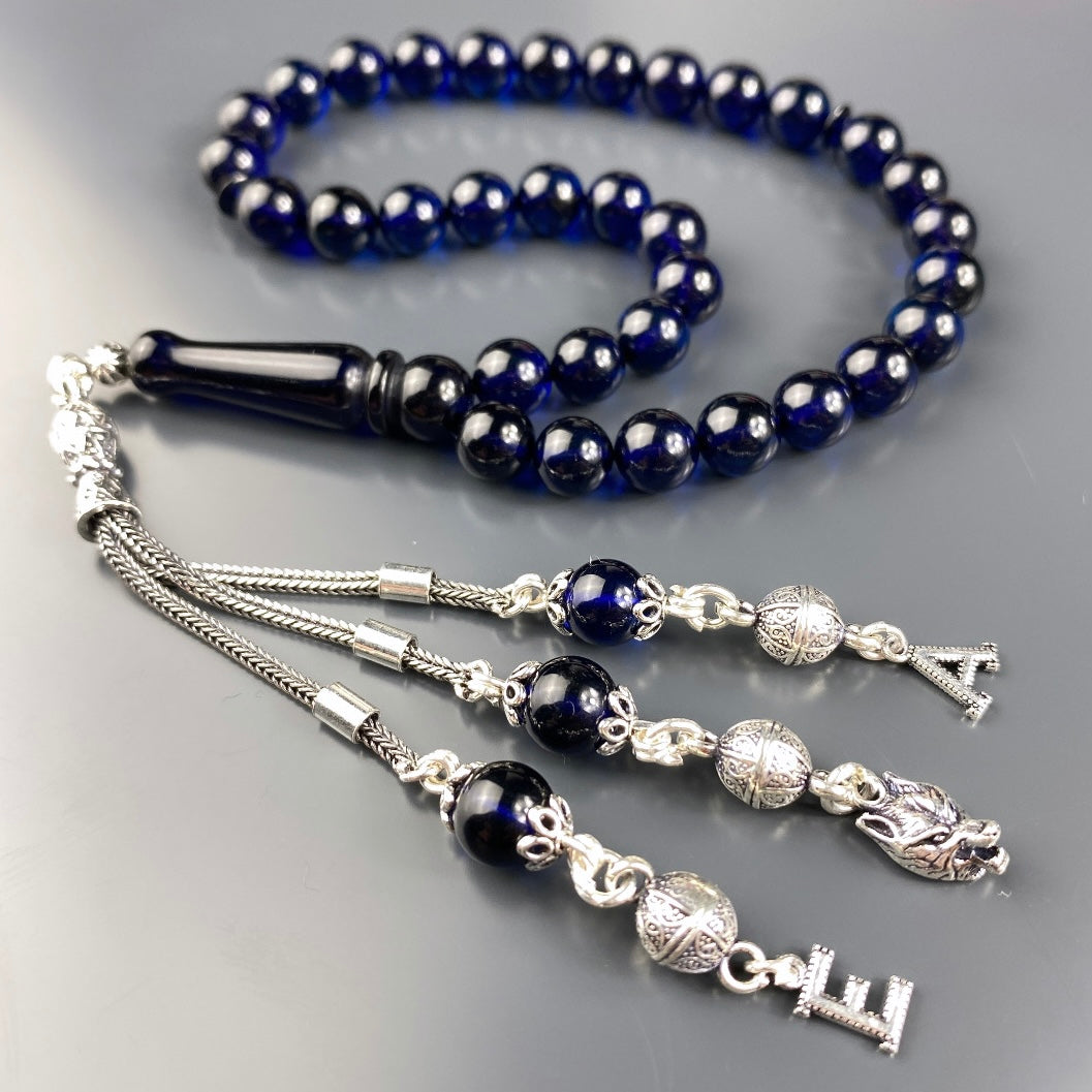 Kehribar / Bernstein Tesbih 2 Buchstaben & Kurt Logo – Blau, 925 Silber