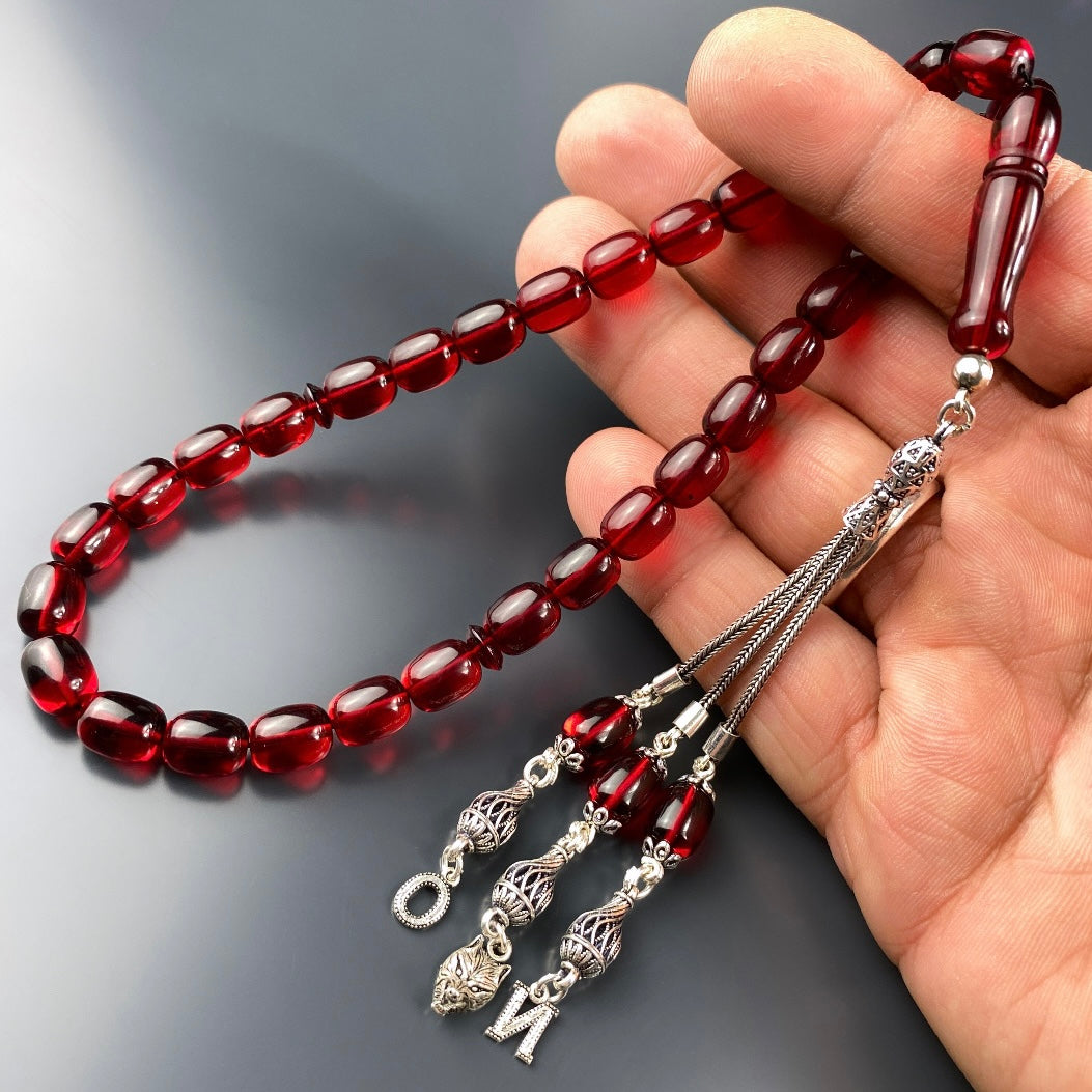 Kehribar / Bernstein Tesbih 2 Buchstaben & Kurt Logo – Rot, 925 Silber