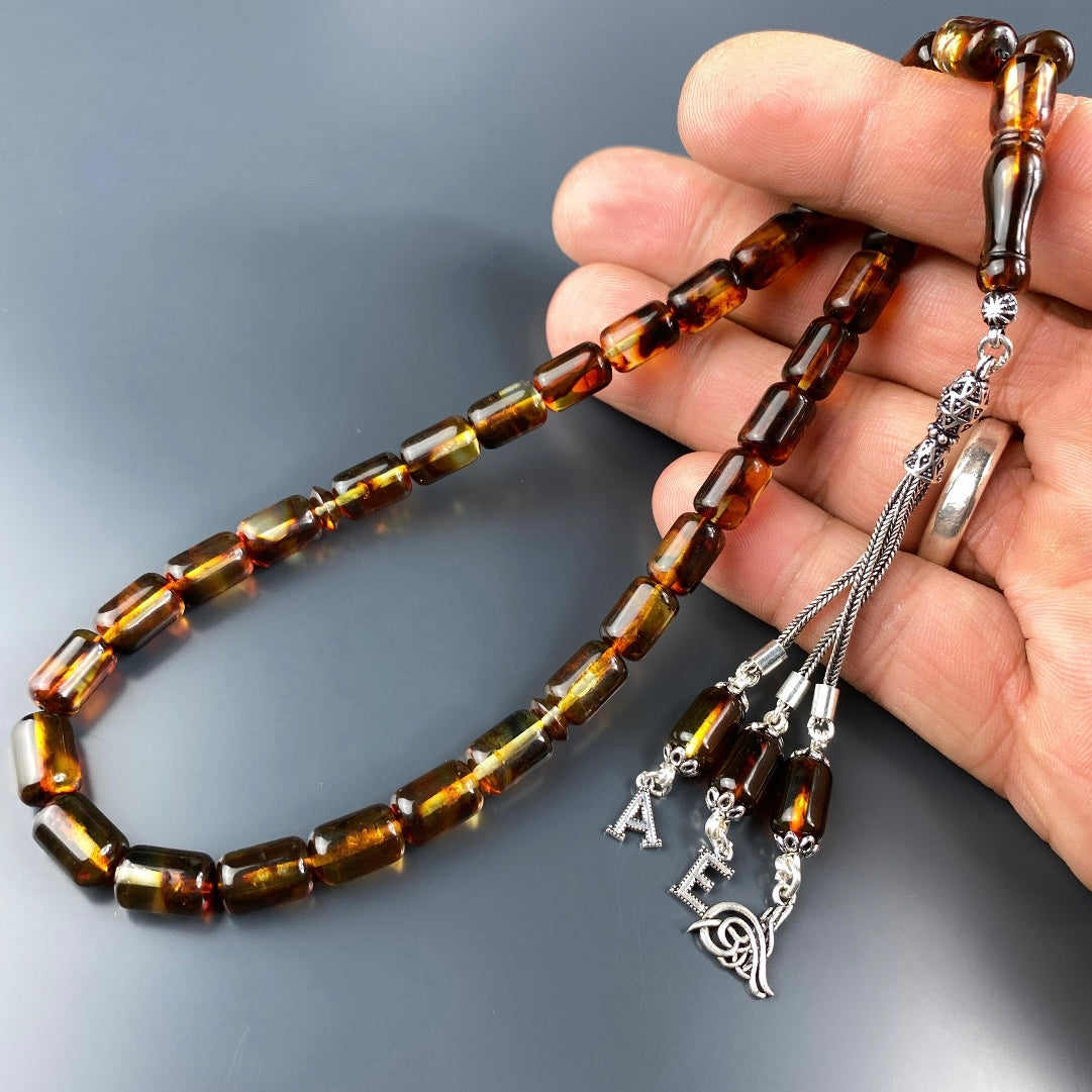 Kehribar / Bernstein Tesbih 2 Buchstaben & Tugra Logo – Braun, 925 Silber