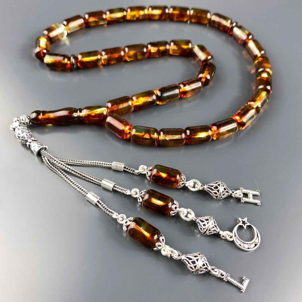 Kehribar / Bernstein Tesbih 2 Buchstaben & Ay Yildiz Logo – Braun, 925 Silber