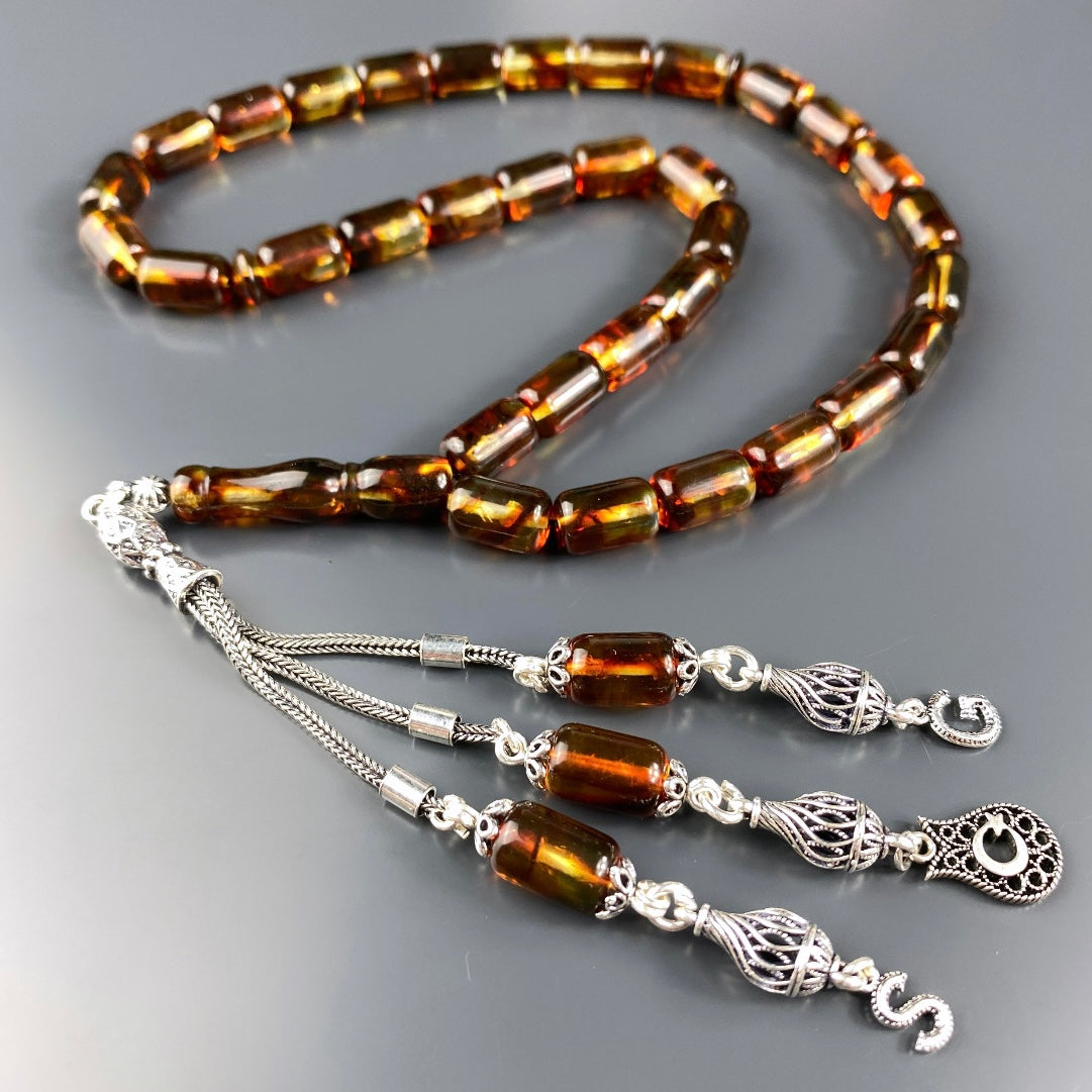 Kehribar / Bernstein Tesbih 2 Buchstaben & Türkei Logo – Braun, 925 Silber