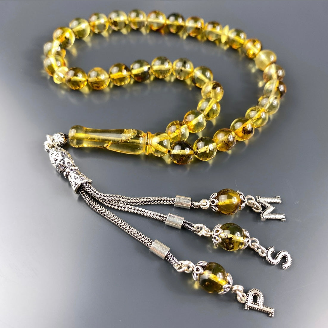 Kehribar / Bernstein Tesbih 3 Buchstaben – Gelb, 925 Silber