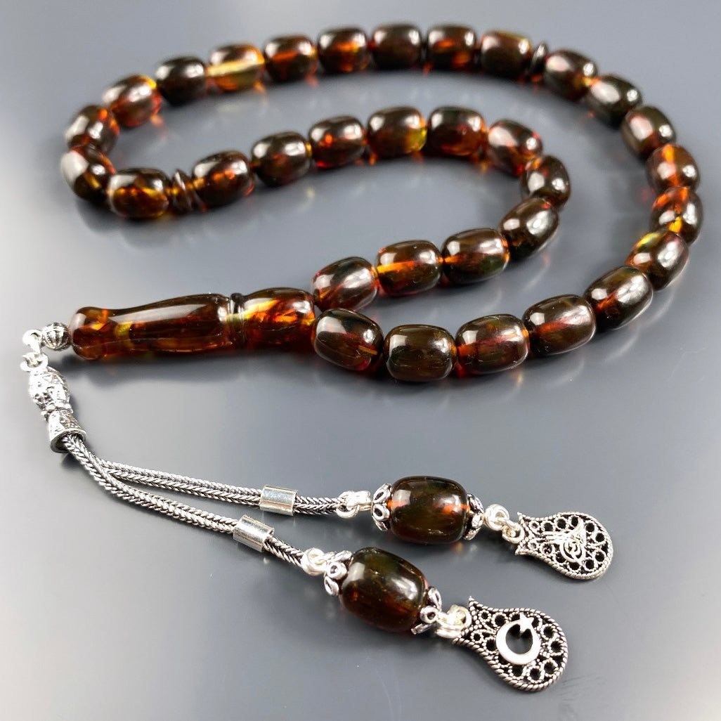 Kehribar / Bernstein Tesbih Tugra & Türkei Logo – Braun, 925 Silber