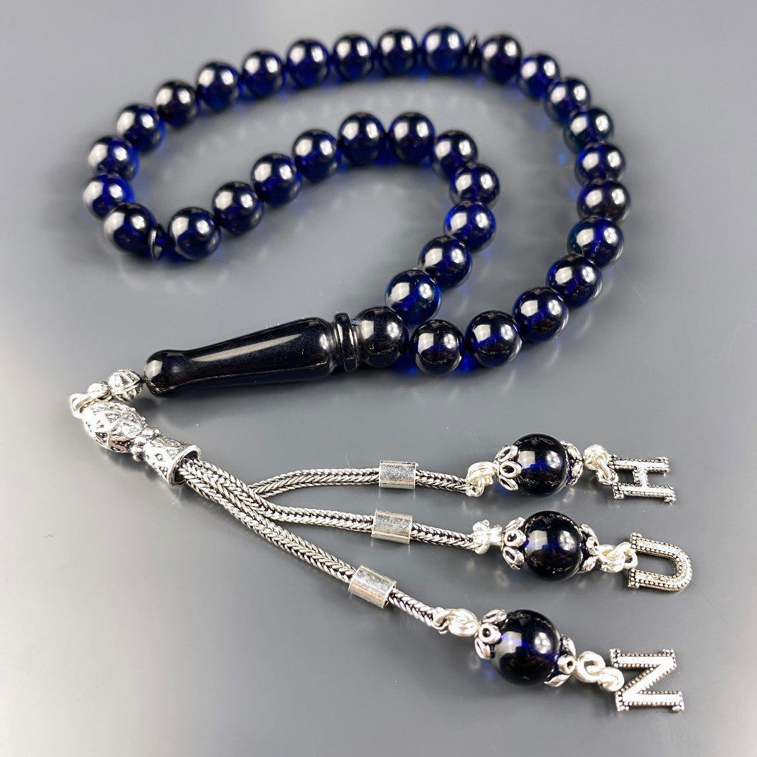 Kehribar / Bernstein Tesbih 3 Buchstaben – Blau, 925 Silber