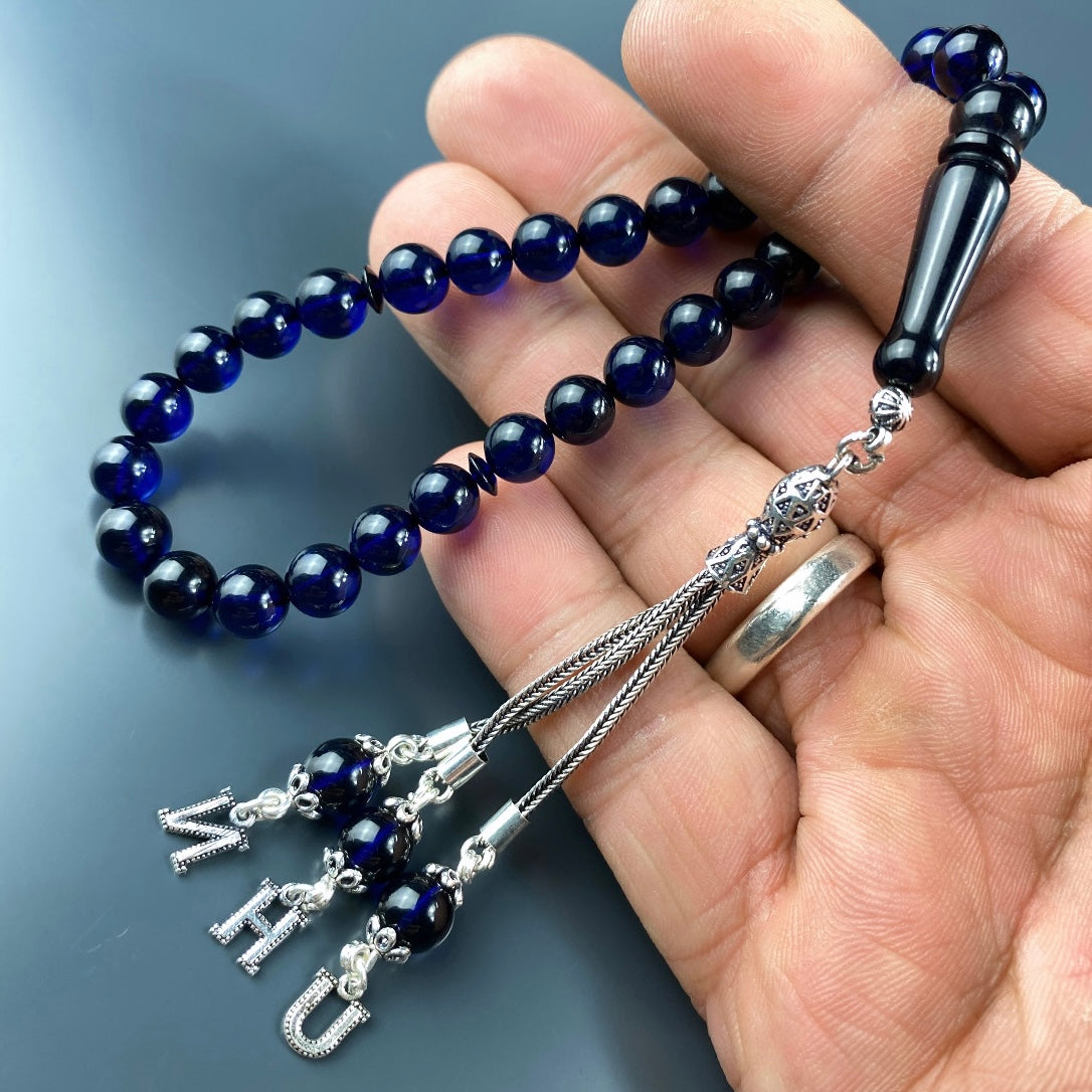 Kehribar / Bernstein Tesbih 3 Buchstaben – Blau, 925 Silber
